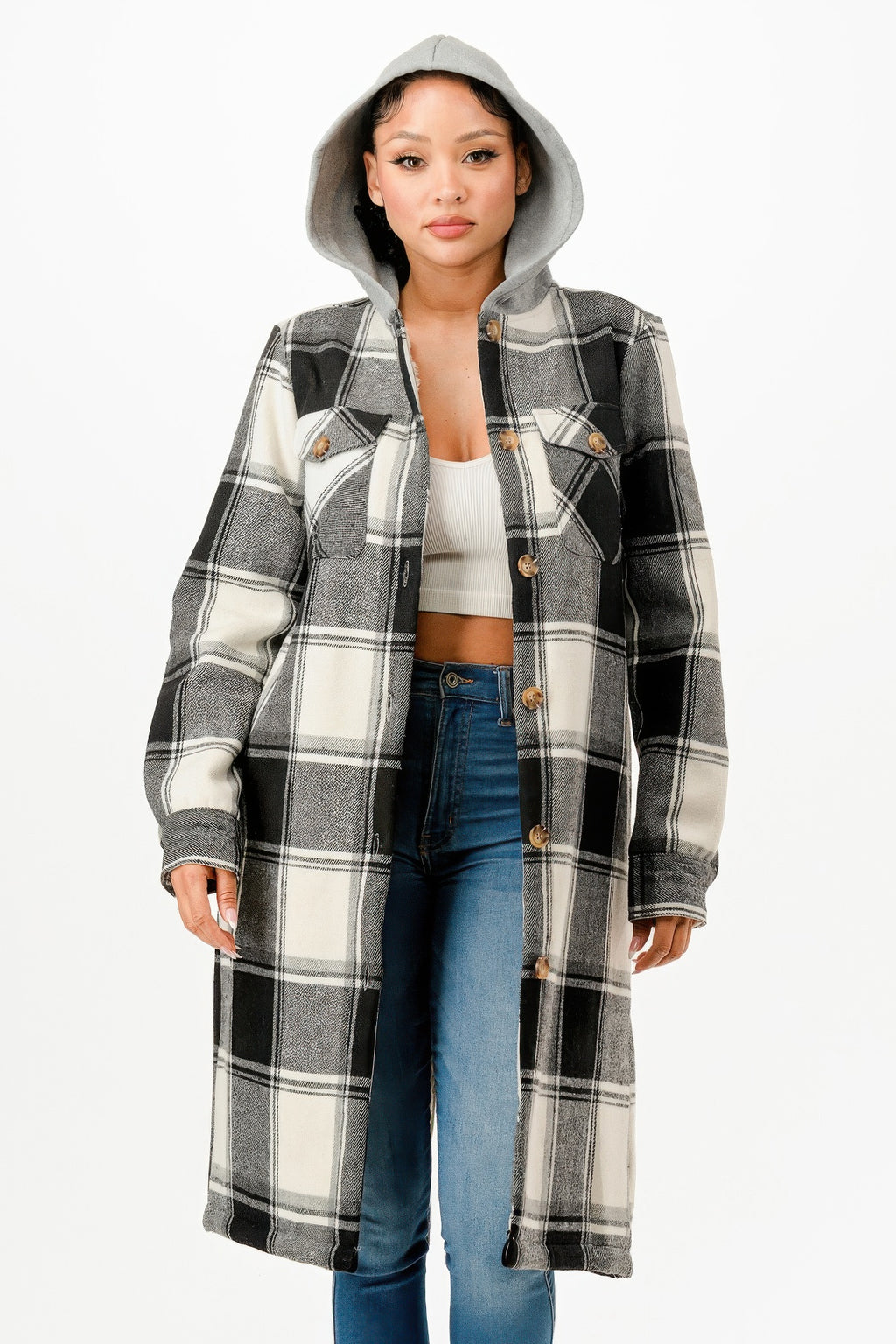 Hooded plaid coat, black/gray/white checks, button front and side pockets