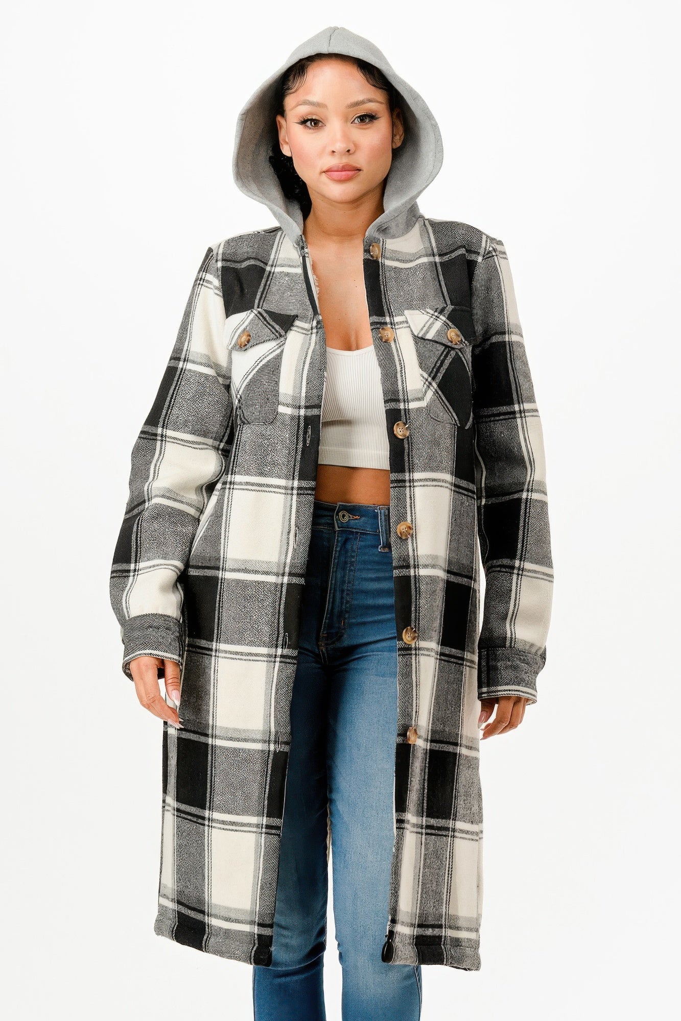 Hooded plaid coat, black/gray/white checks, button front and side pockets