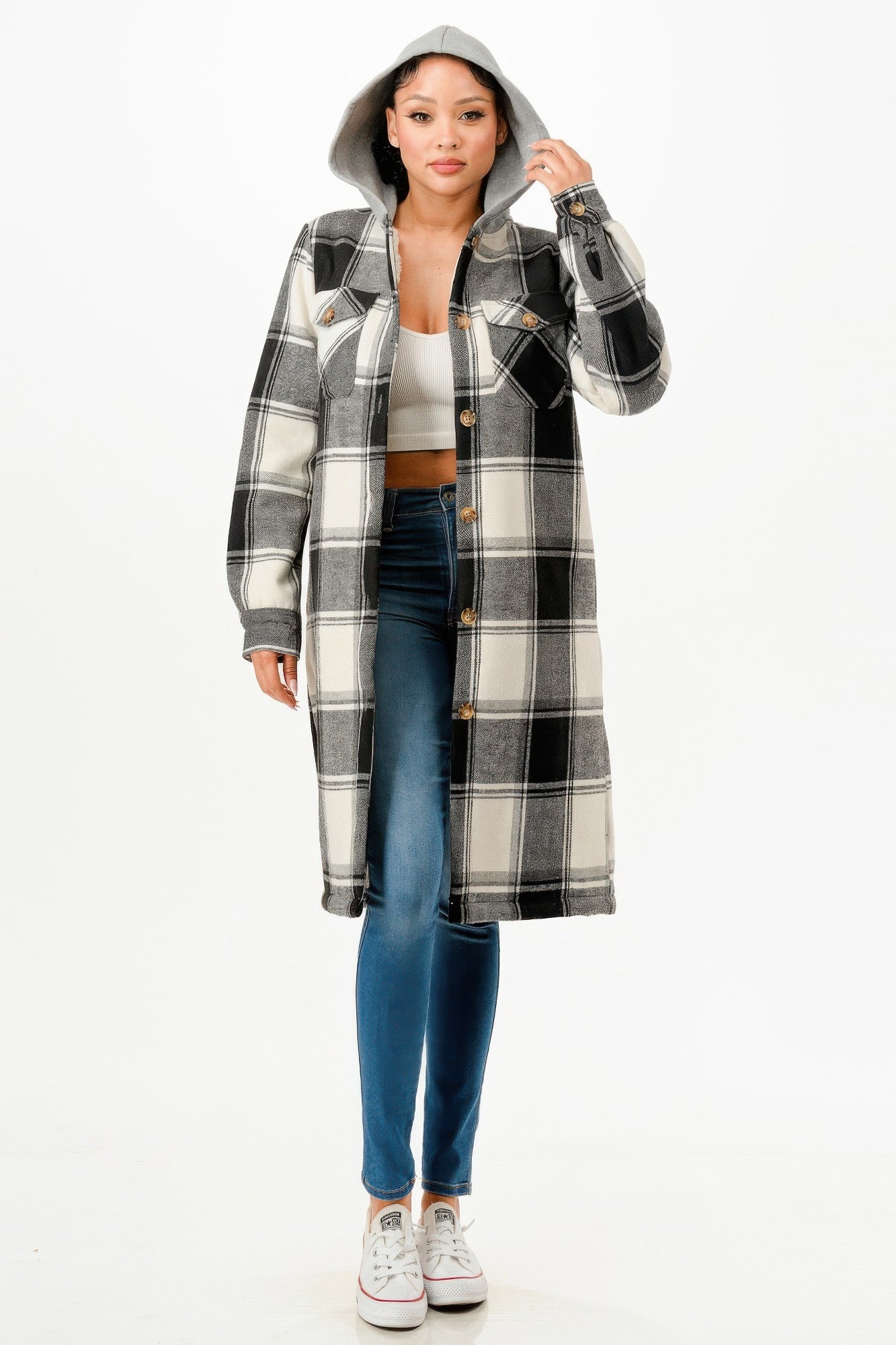 Long hooded plaid coat, dark and light stripes, button closures and patch chest pockets