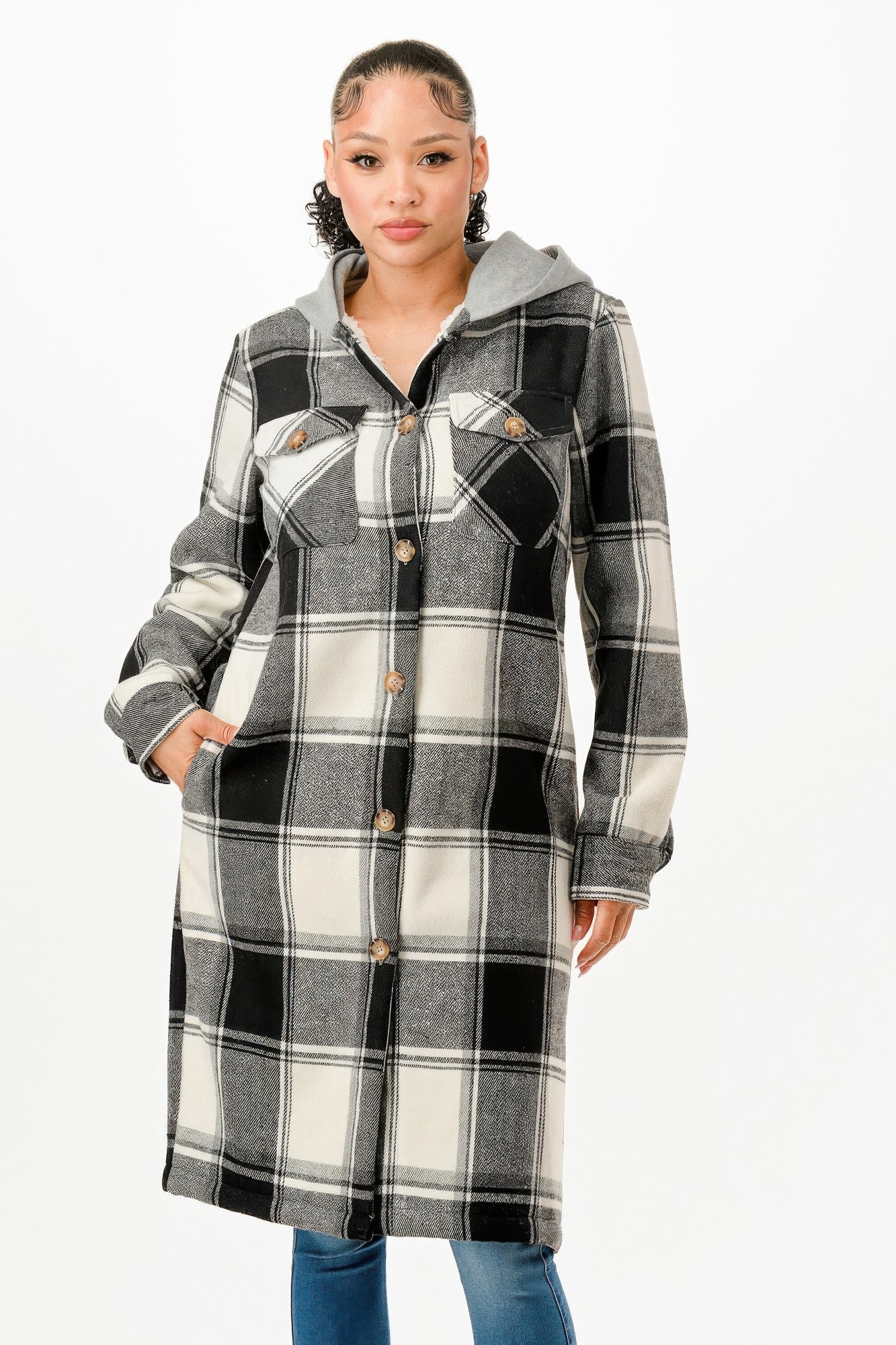 Hooded plaid coat, button-front detail, gray/black checks, hood and patch pockets