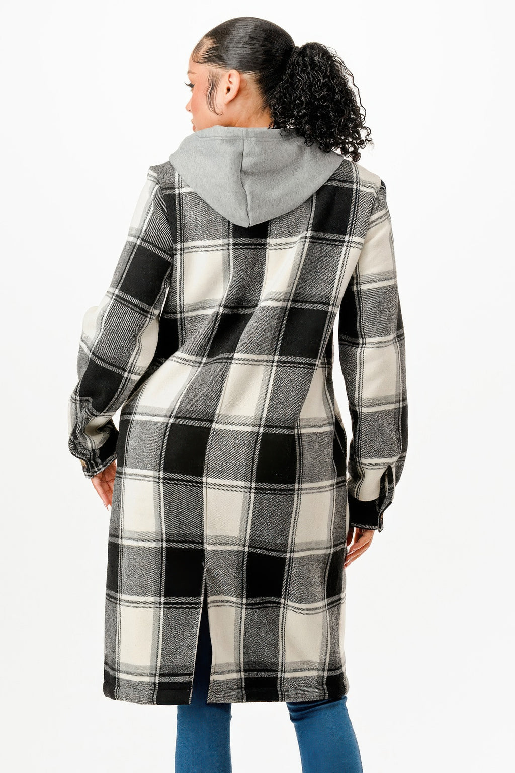 Back of hooded plaid coat, gray and black checks, full-length cut