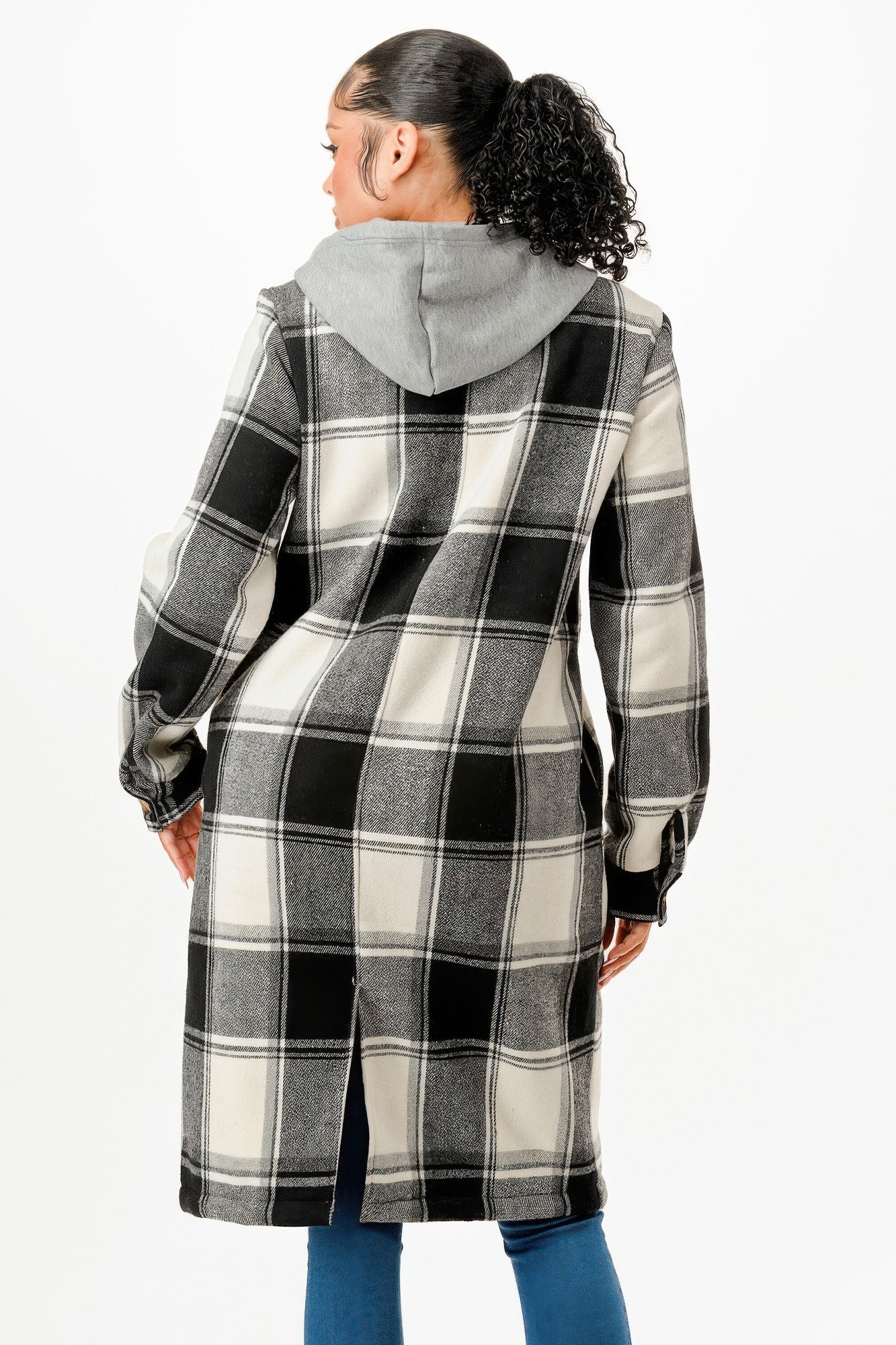 Back of hooded plaid coat, gray and black checks, full-length cut