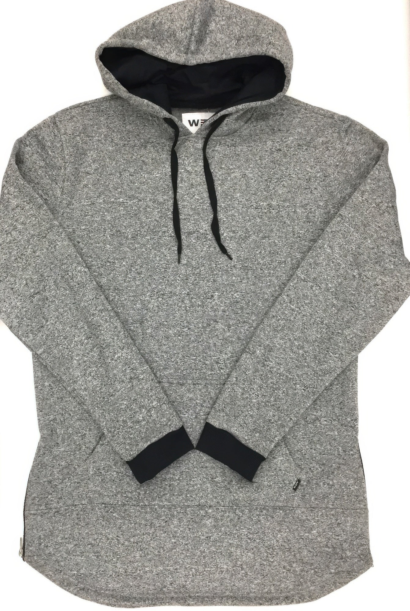 Extra-long marble hoodie in heather grey, black hood lining, drawstring and front pocket