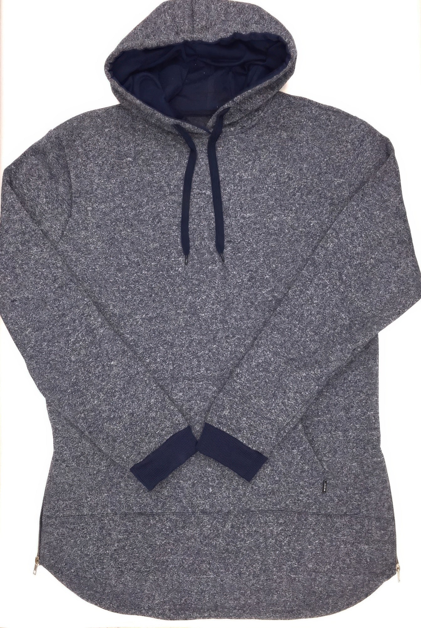 Extra-long marble hoodie heather grey with navy lining, drawstring hood and kangaroo pocket