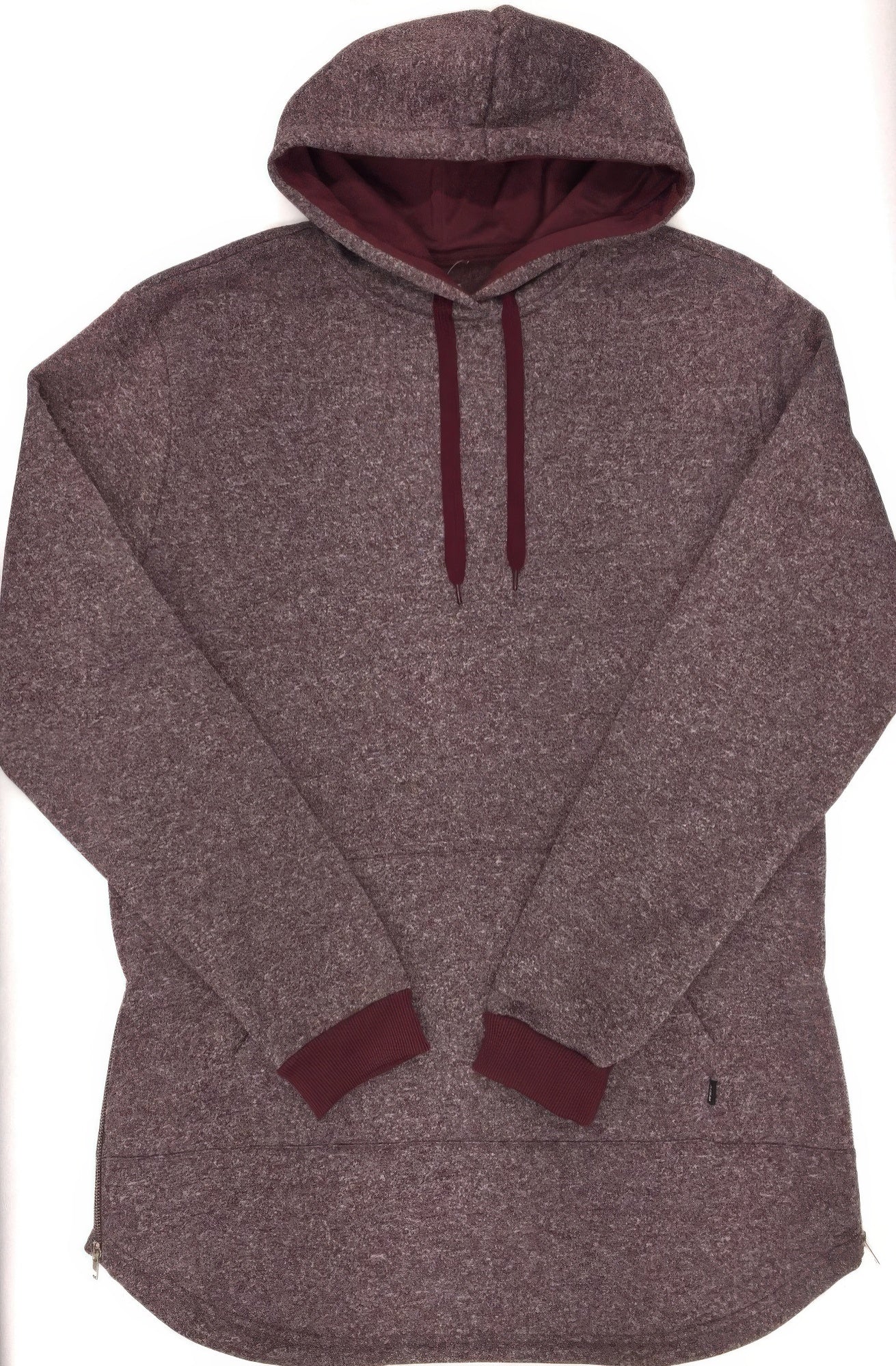 Extra-long marble hoodie in maroon with dark red hood lining, drawstring and pocket