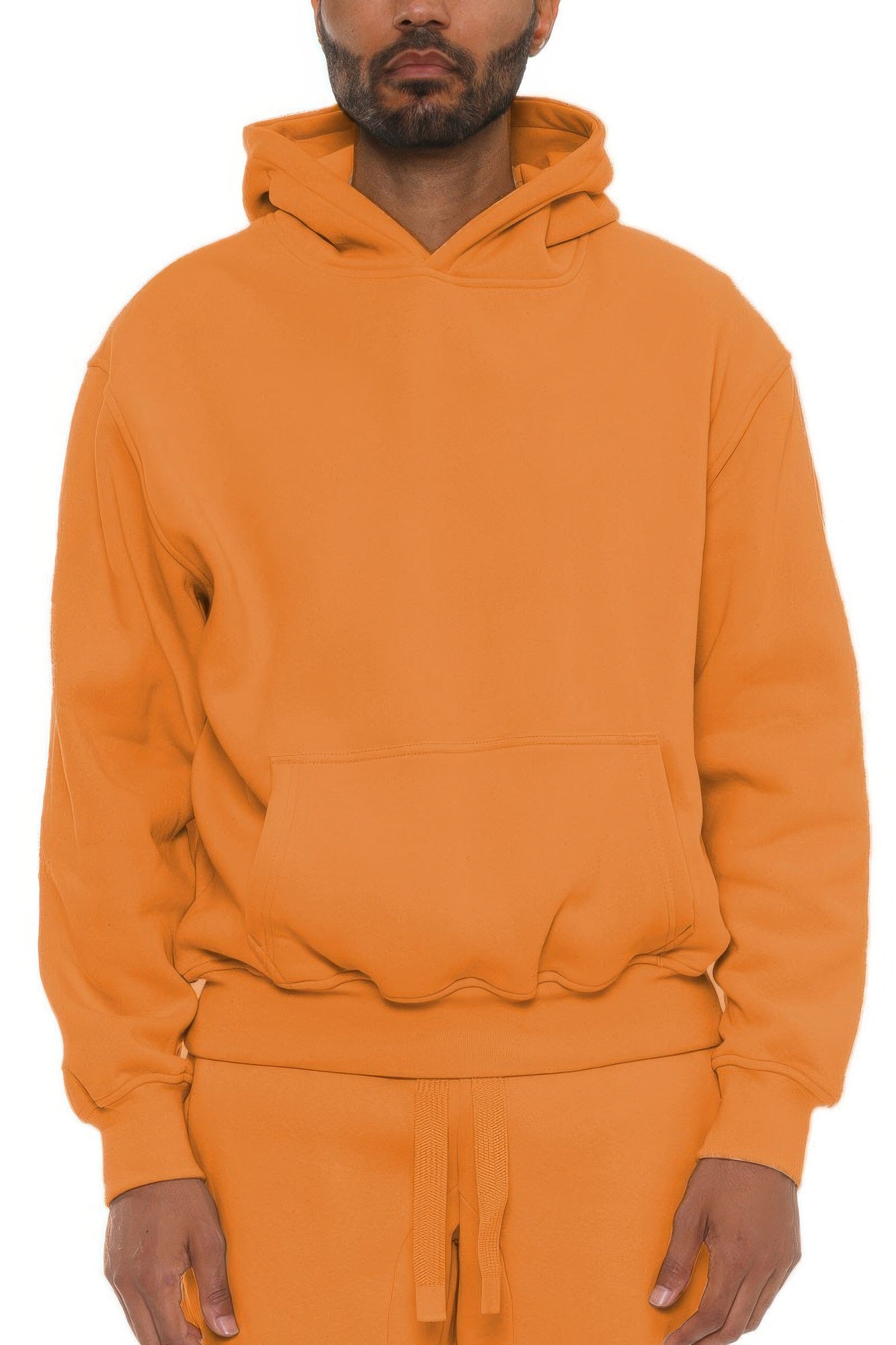 Orange men's cotton-blend hoodie with kangaroo pocket and hood drawstrings