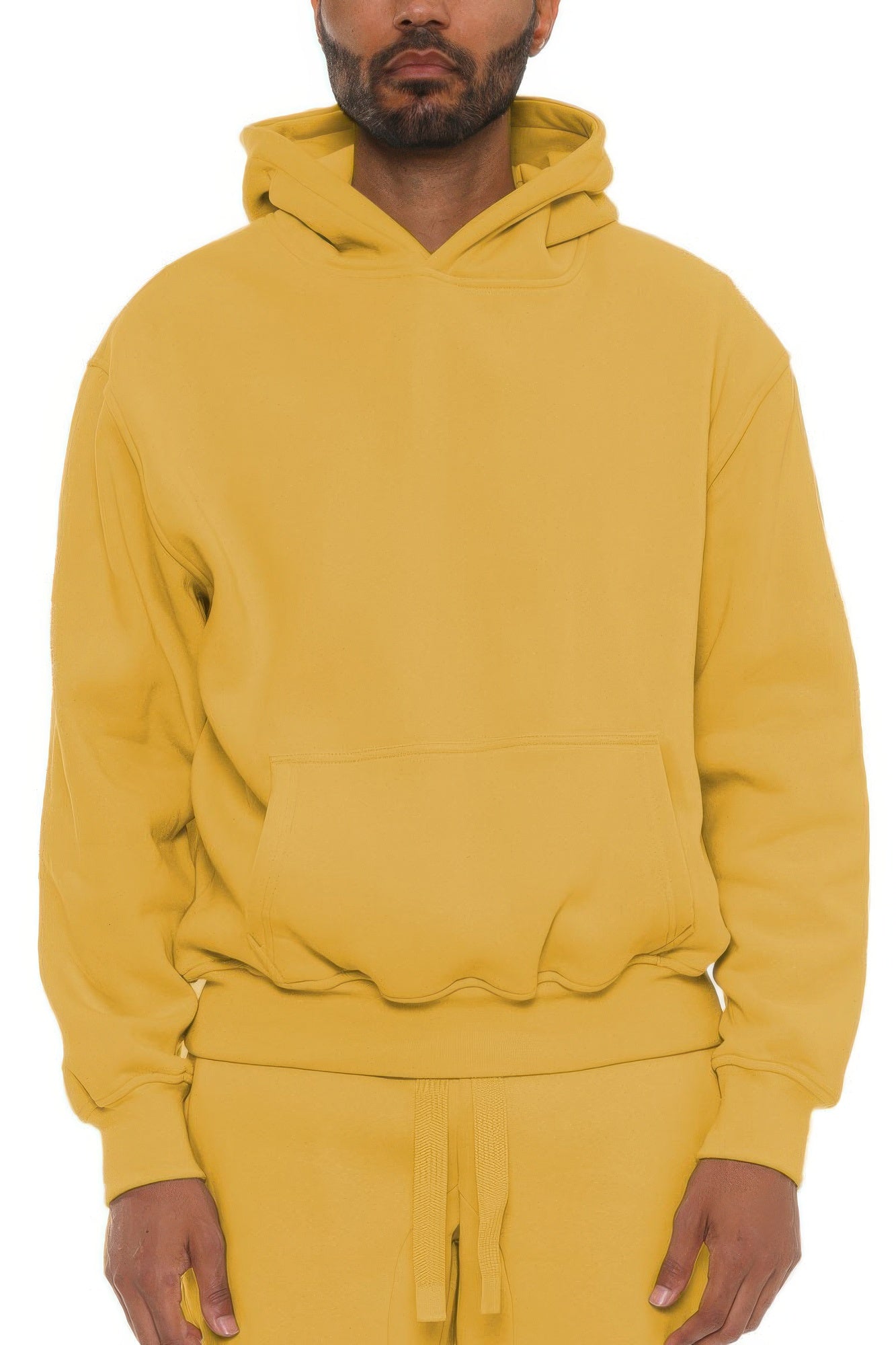 Mustard yellow men's cotton-blend hoodie with kangaroo pocket and hood drawstrings