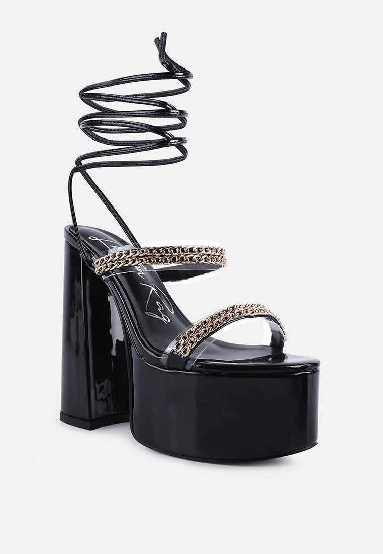 Indulgence Metal Chain Lace Up Chunky Sandals - Tigbul's Variety Fashion Shop