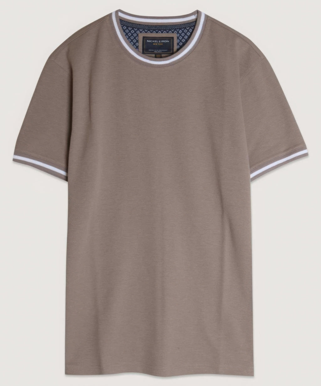 Interlock Crew Tee in taupe-brown with ribbed crew neck and striped trim at cuffs