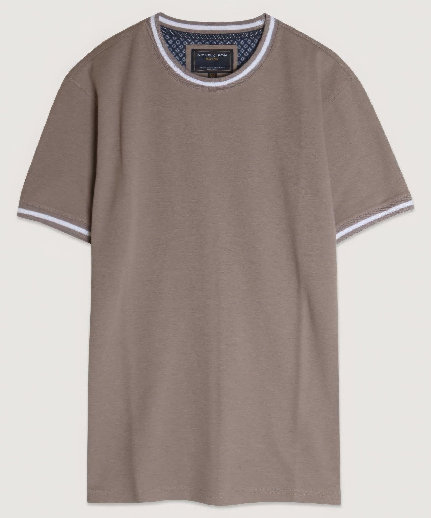 Interlock Crew Tee in taupe-brown with ribbed crew neck and striped trim at cuffs