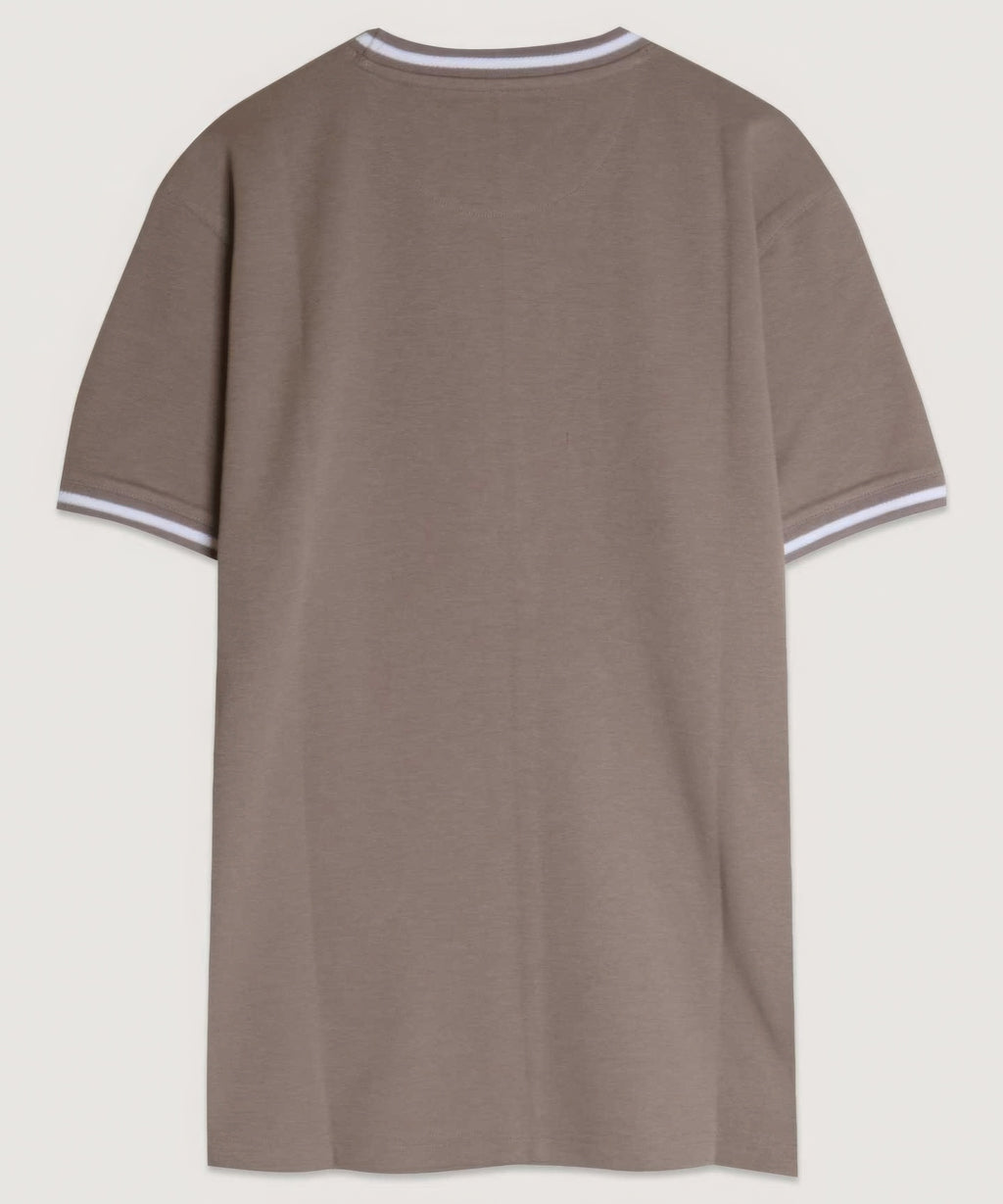 Taupe-brown Interlock Crew Tee, plain back view with ribbed collar and sleeve trim
