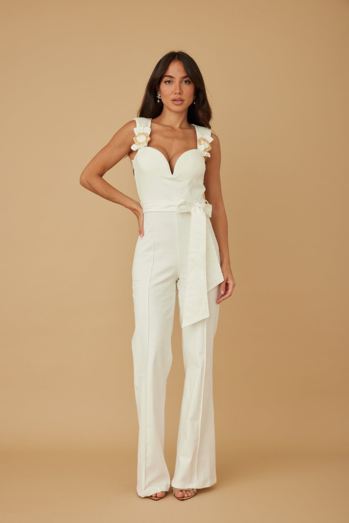 Intertwined ring detail strap jumpsuit in white with sweetheart neckline and wide-leg fit