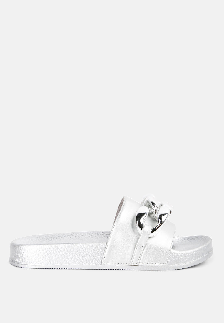 Ishtar Metallic Chain Metal Slid Flats - Tigbul's Variety Fashion Shop