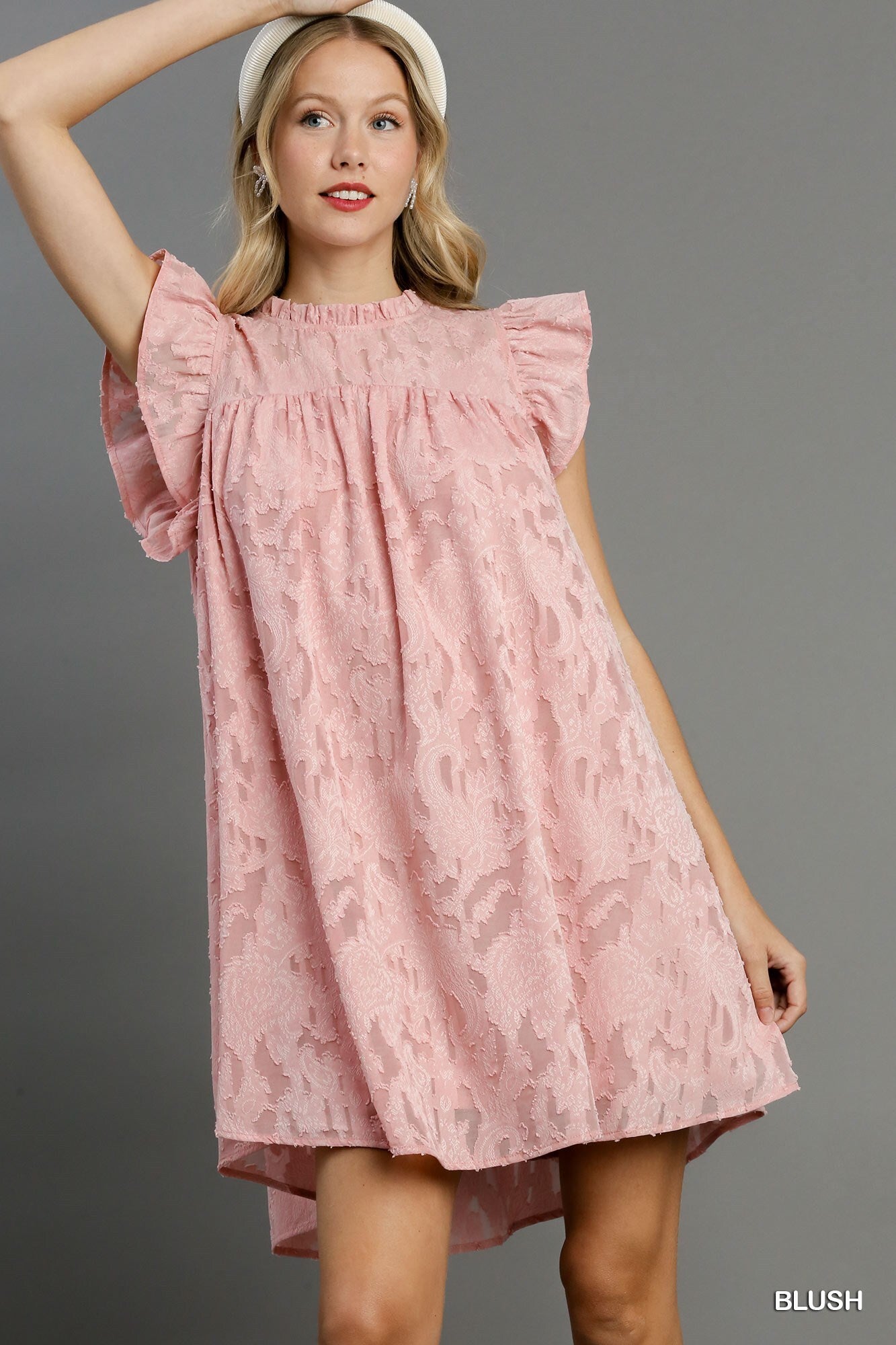 Jacquard Lace Ruffle Short Sleeve Dress With Back Button Keyhole - Tigbul's Variety Fashion Shop