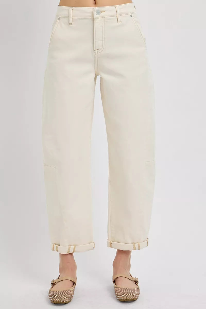 Ivory barrel jeans, high rise with belt loops, button fly, cuffed cropped hem