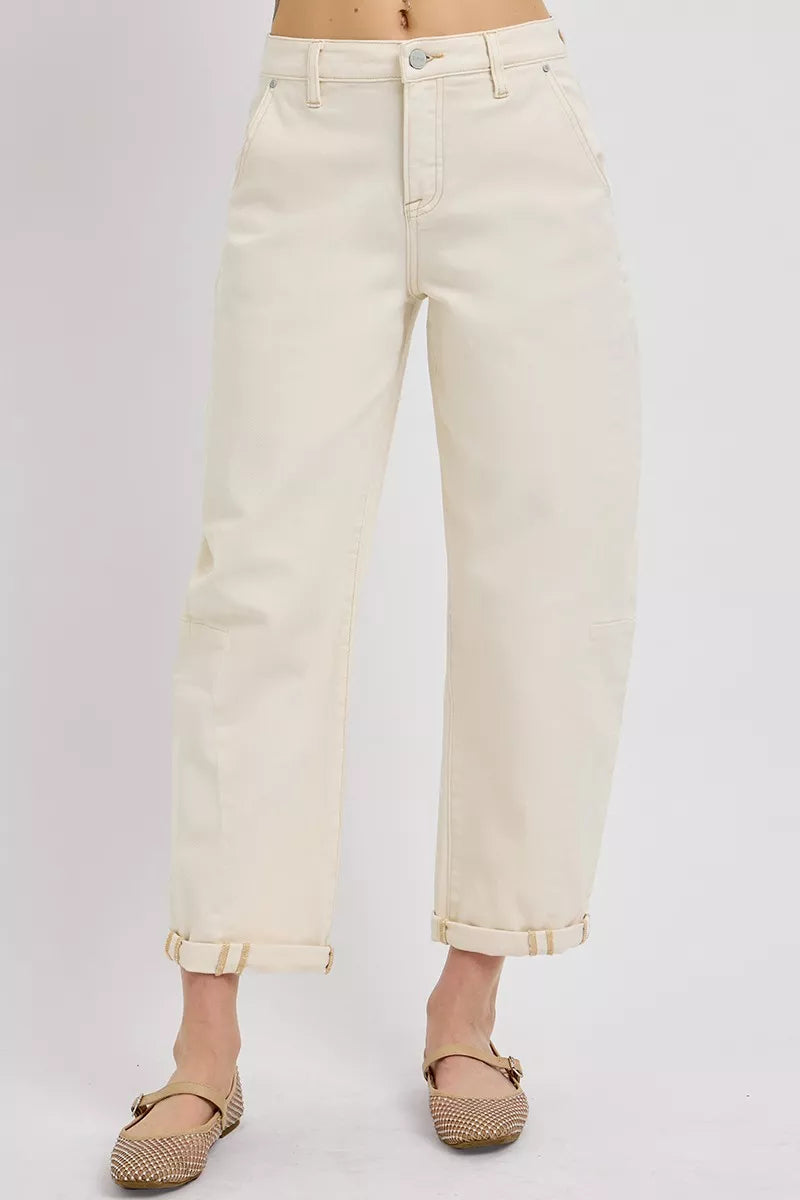 Ivory high-rise relaxed barrel jeans with button closure and cuffed hem detail