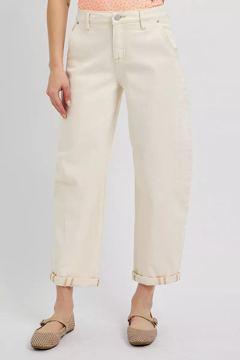 Ivory high-rise relaxed barrel jeans front view with side pockets and cuffed hem