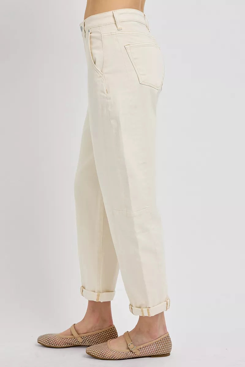 Ivory high-rise relaxed barrel jeans back view with patch pockets and cuffed hem