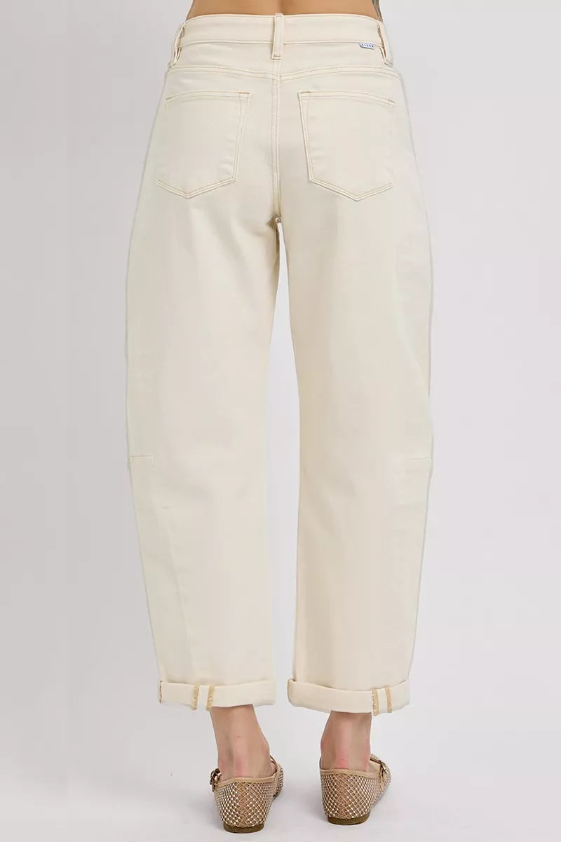 Ivory relaxed barrel jeans front with two front pockets and cuffed ankle hem