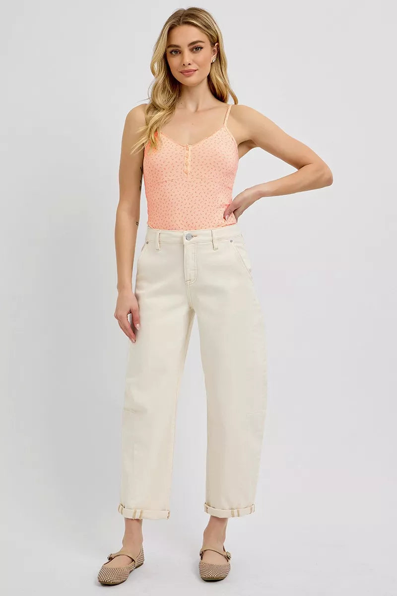 Ivory high-rise relaxed barrel jeans with cuffed hems and front button closure