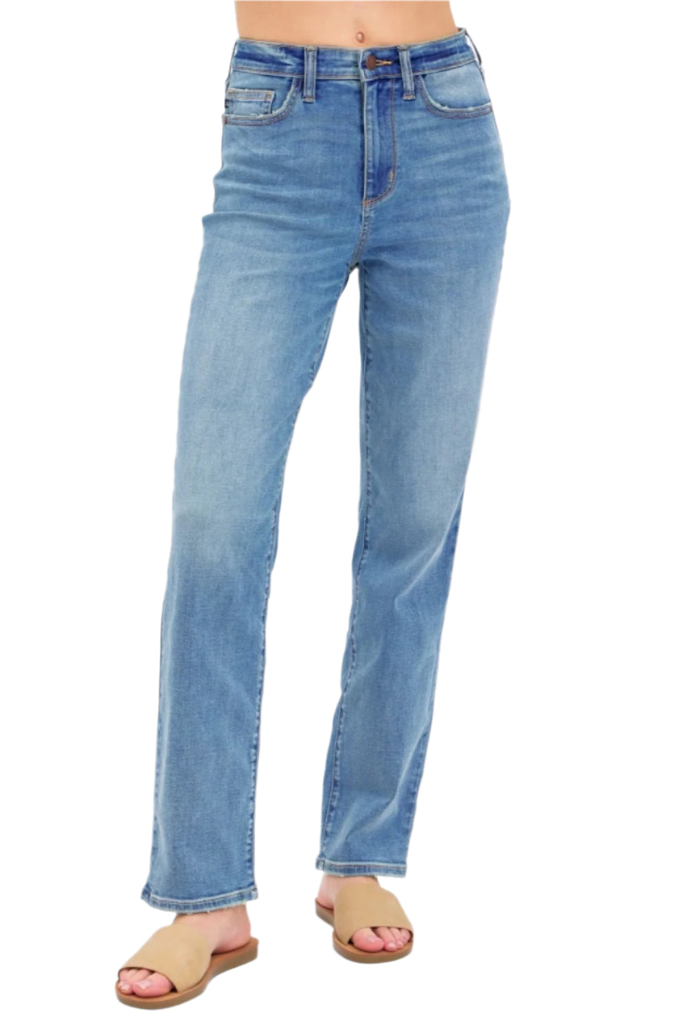 Medium wash high-waist straight jeans with front fly and two side pockets