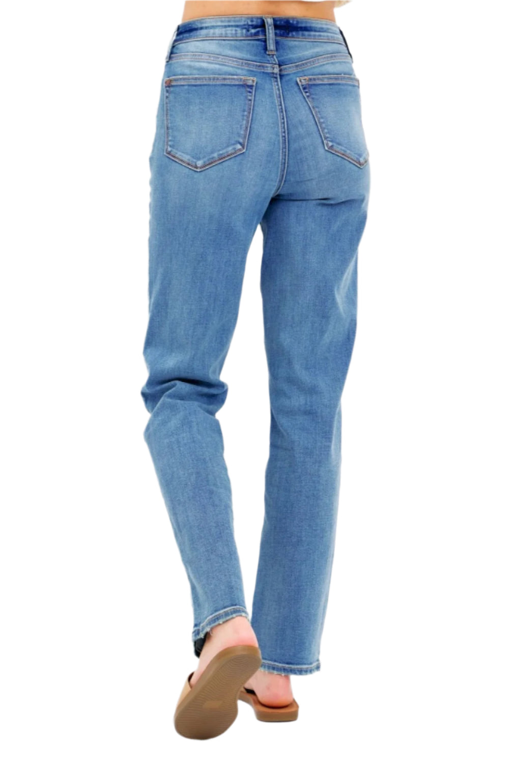 Back view of medium-wash high-waist straight jeans with back yoke