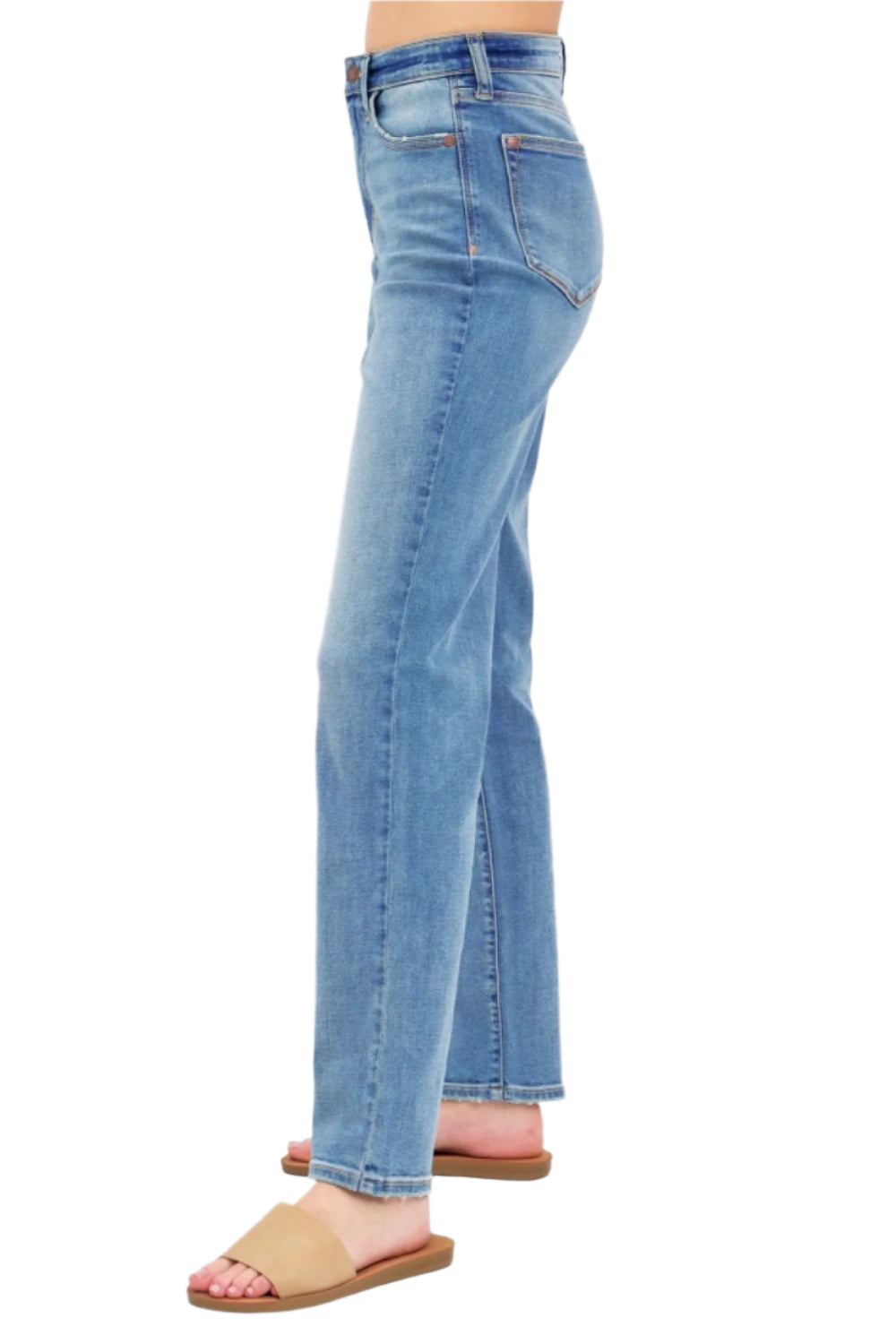 Side view of medium-wash high-waist straight jeans, straight leg
