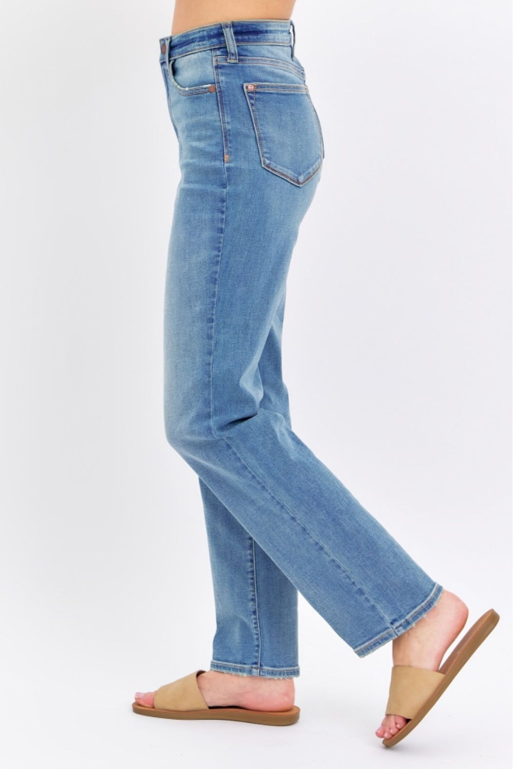 Alternate side view: medium-wash high-waist straight jeans with cuffed hem