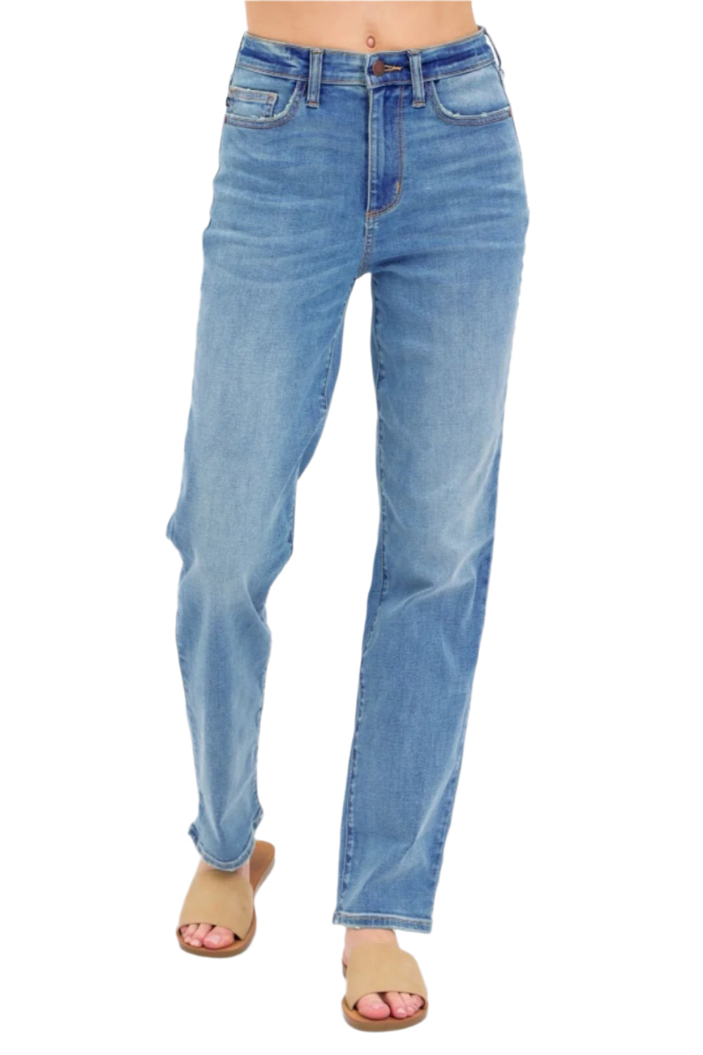 Front-to-side view of medium-wash high-waist straight jeans