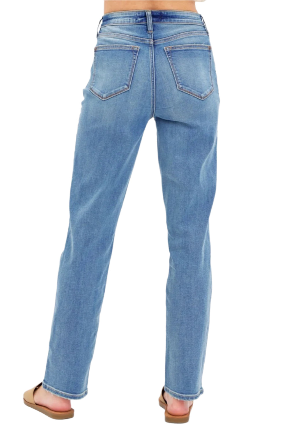 Back view of medium-wash high-waist straight jeans with belt loops