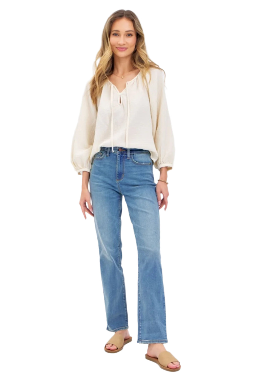 Front view: medium-wash high-waist straight jeans, size 5/27
