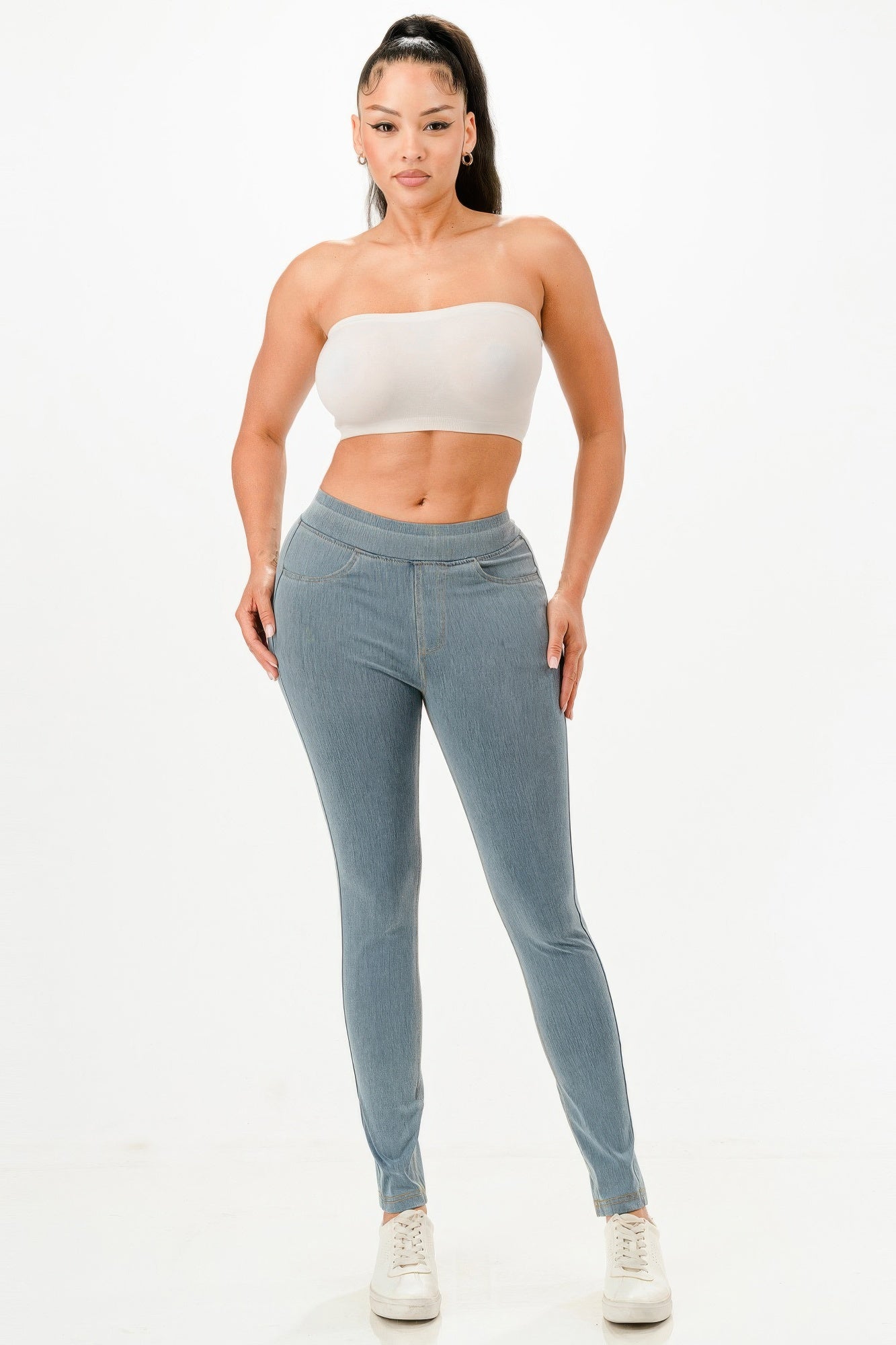 Ultra Soft Jegging Jeans in light wash denim, front view with slim tapered legs