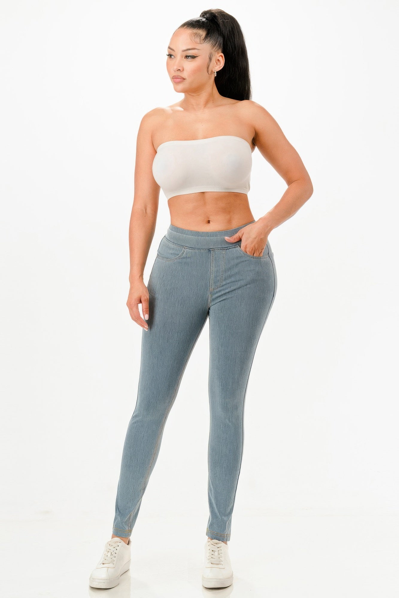 Ultra Soft Jegging Jeans in light-wash denim, mid-rise waistband and slim leg