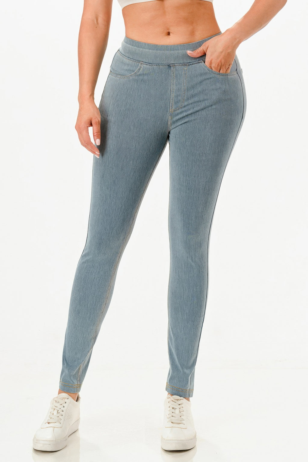Ultra Soft Jegging Jeans in light wash denim, front view with fitted ankle-length legs