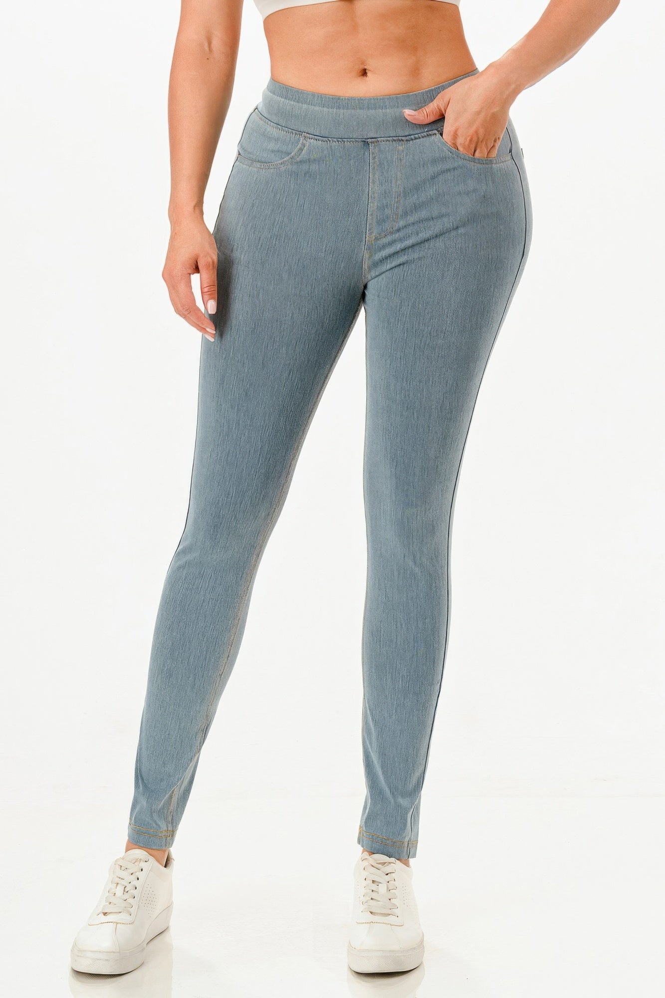 Ultra Soft Jegging Jeans in light wash denim, front view with fitted ankle-length legs