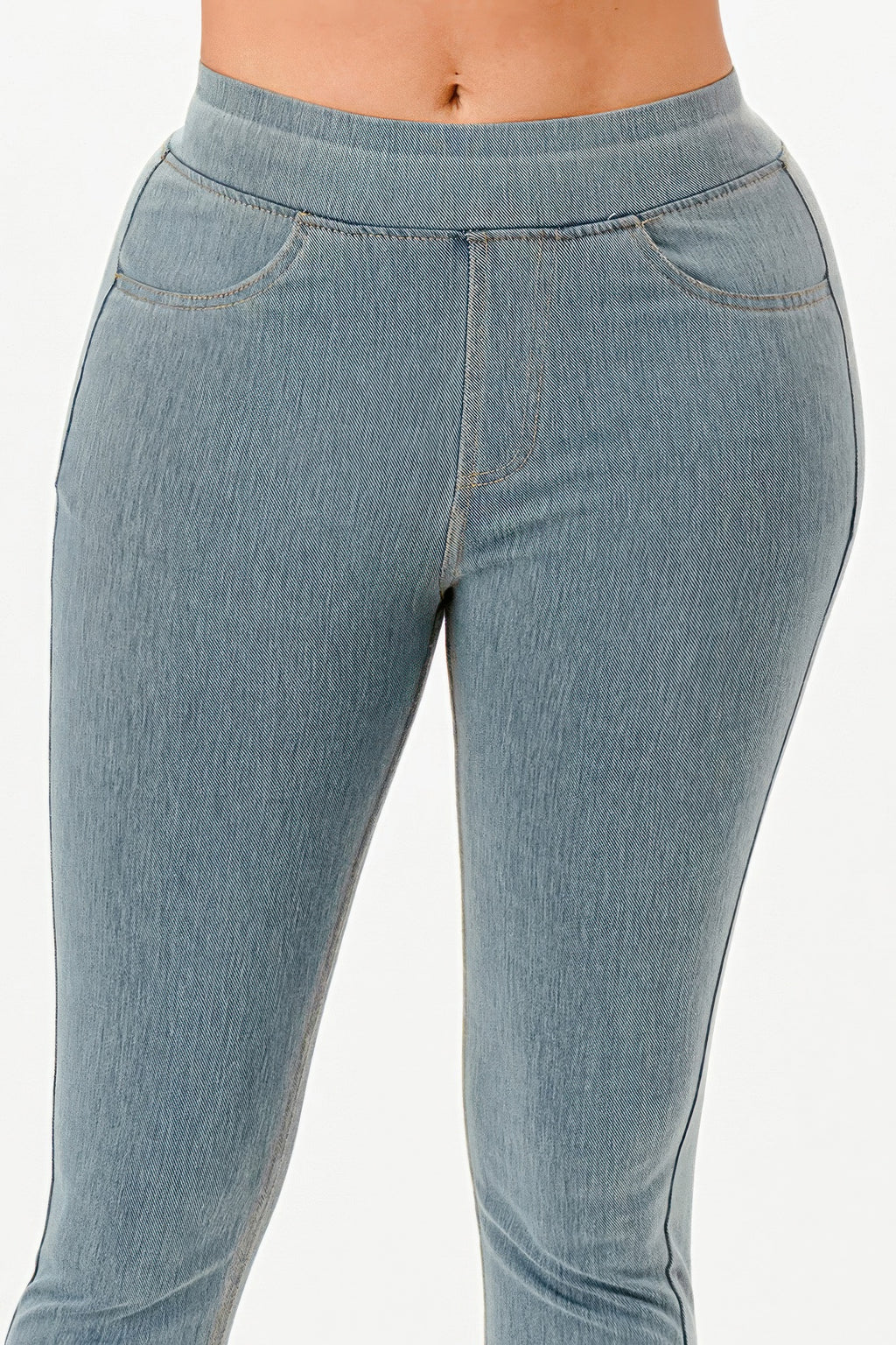 Ultra Soft Jegging Jeans in light wash denim, close-up of waistband and back pockets