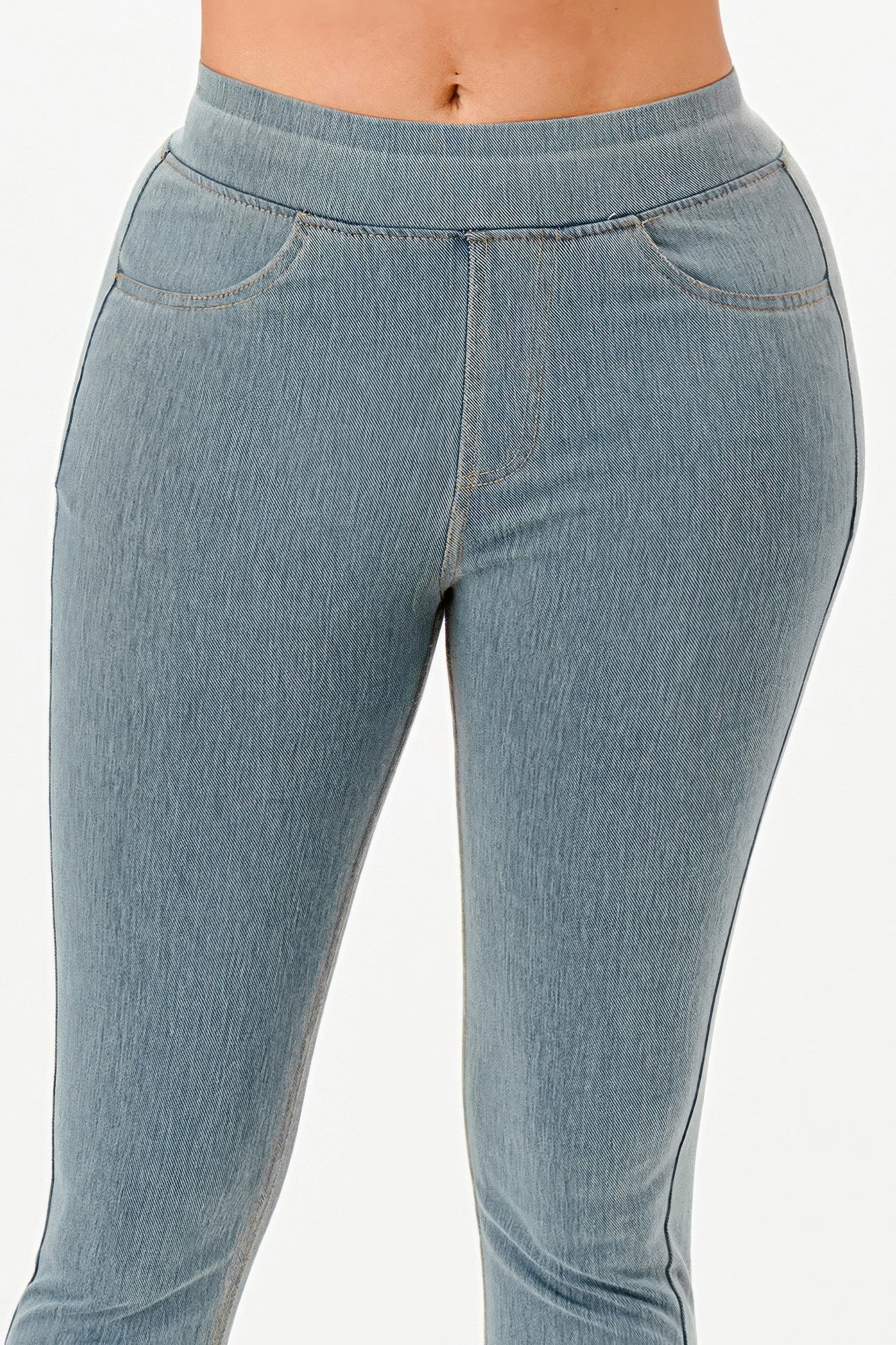 Ultra Soft Jegging Jeans in light wash denim, close-up of waistband and back pockets