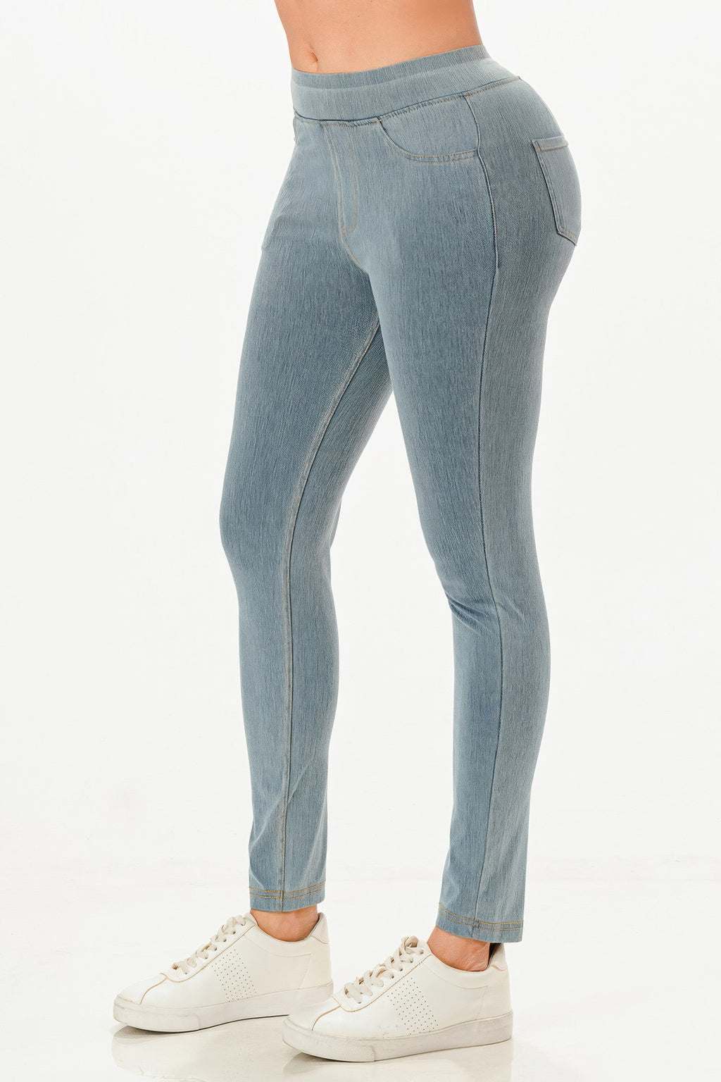 Ultra Soft Jegging Jeans in light wash denim, side view showing tapered leg shape