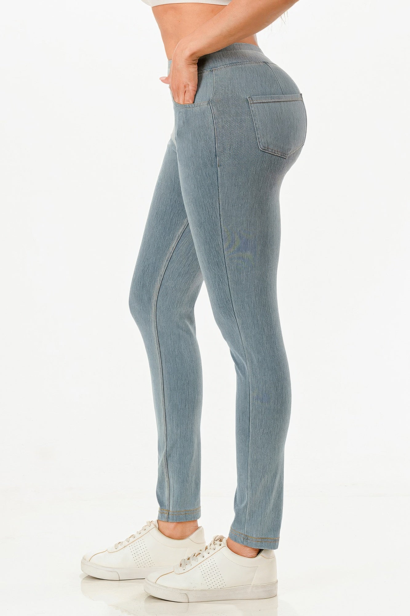 Ultra Soft Jegging Jeans in light wash denim, back side view with pocket details