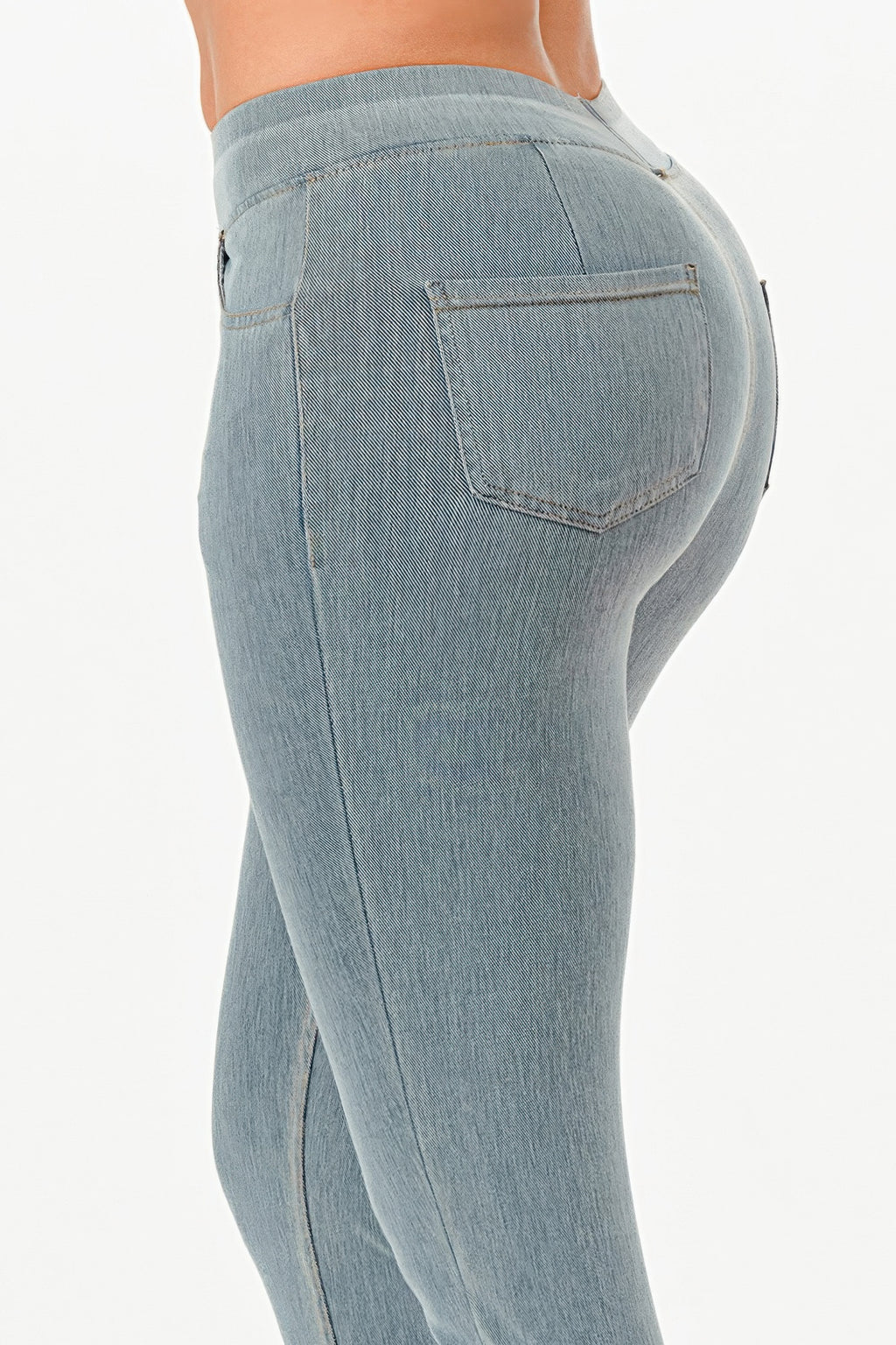 Ultra Soft Jegging Jeans in light wash denim, back view with single back pocket