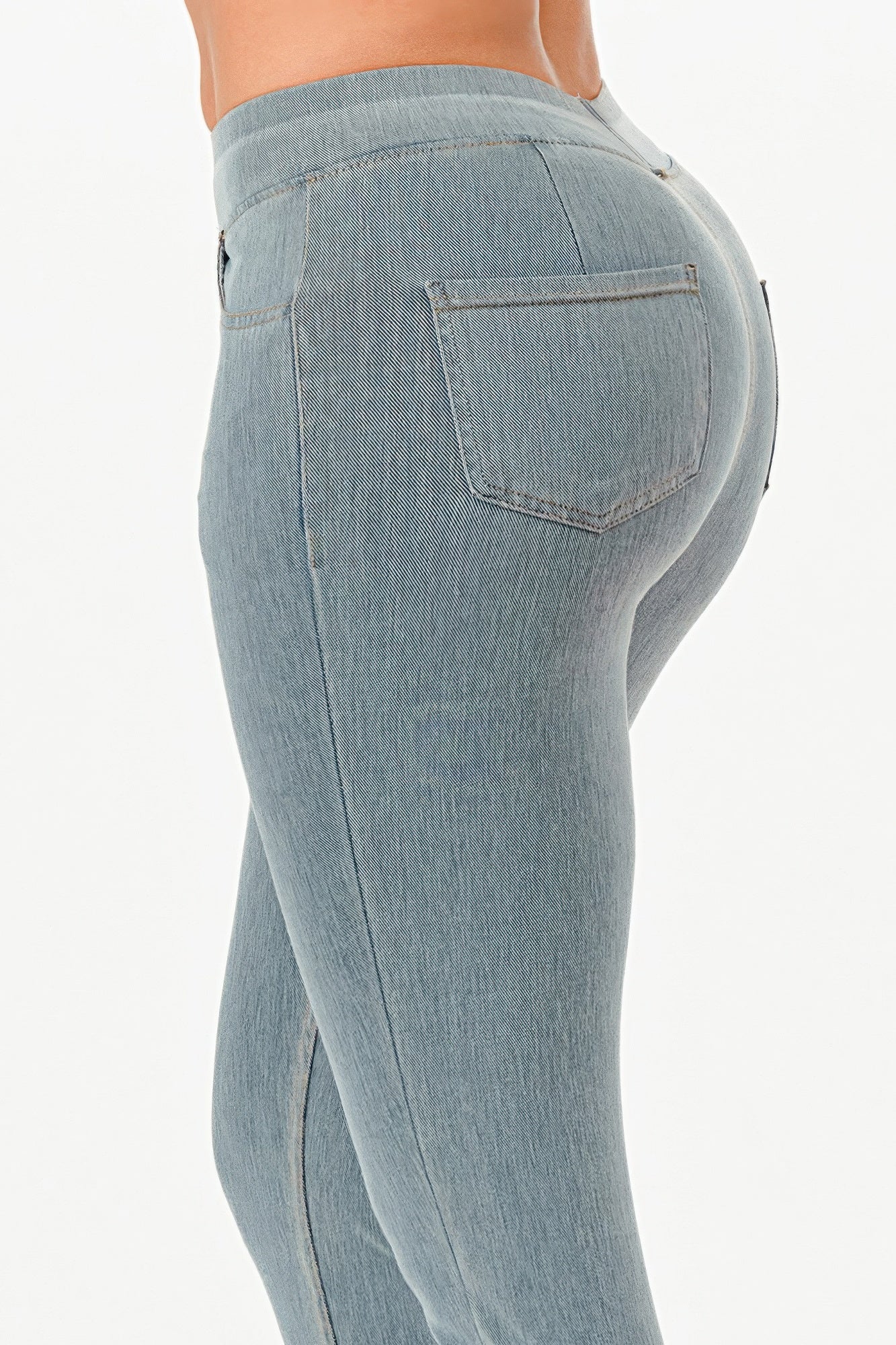 Ultra Soft Jegging Jeans in light wash denim, back view with single back pocket