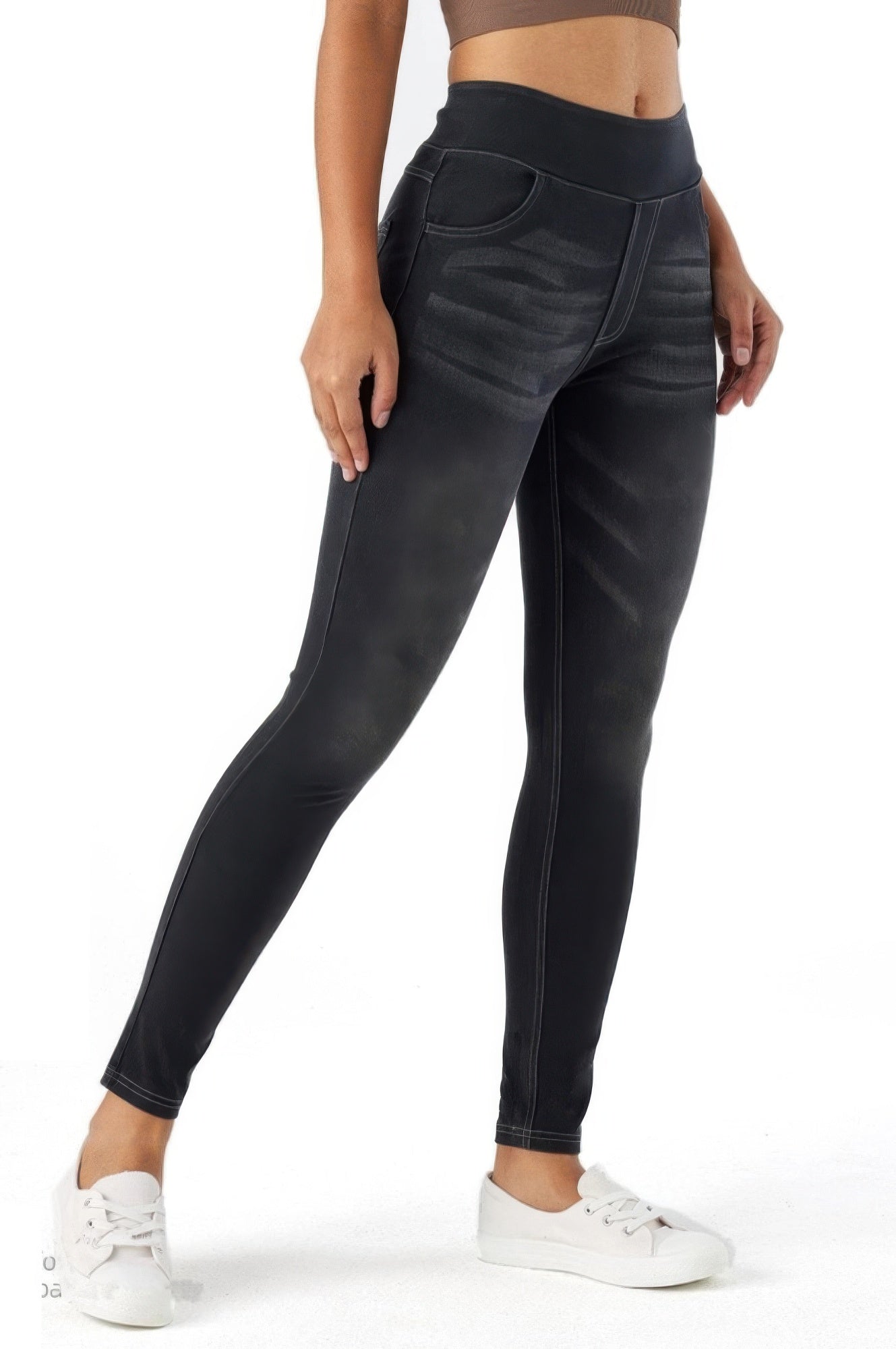 Ultra Soft Jegging Jeans in dark wash denim, side view with slim fitted silhouette