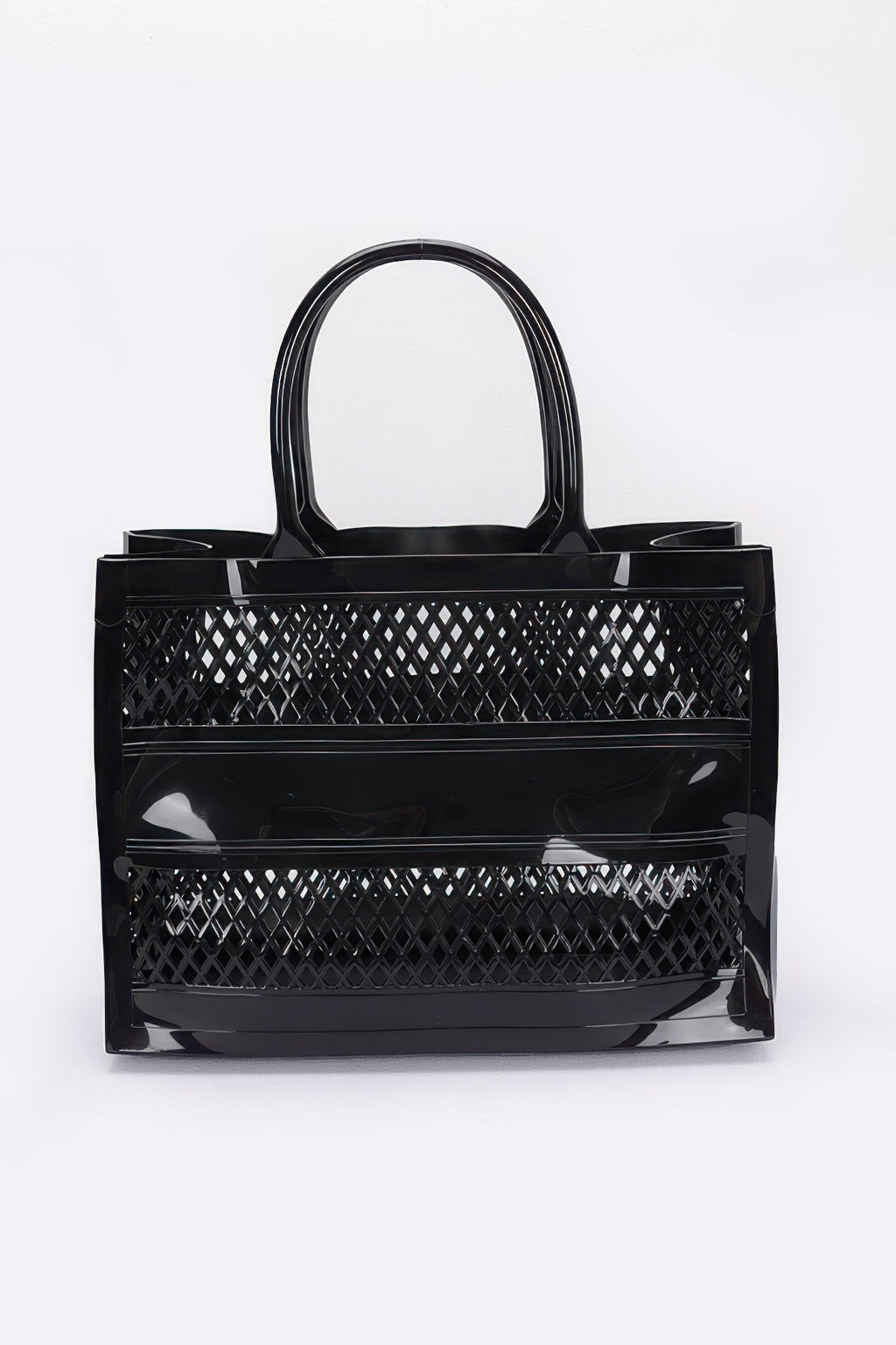 Jelly Tote Bag in black with glossy finish and lattice side panels