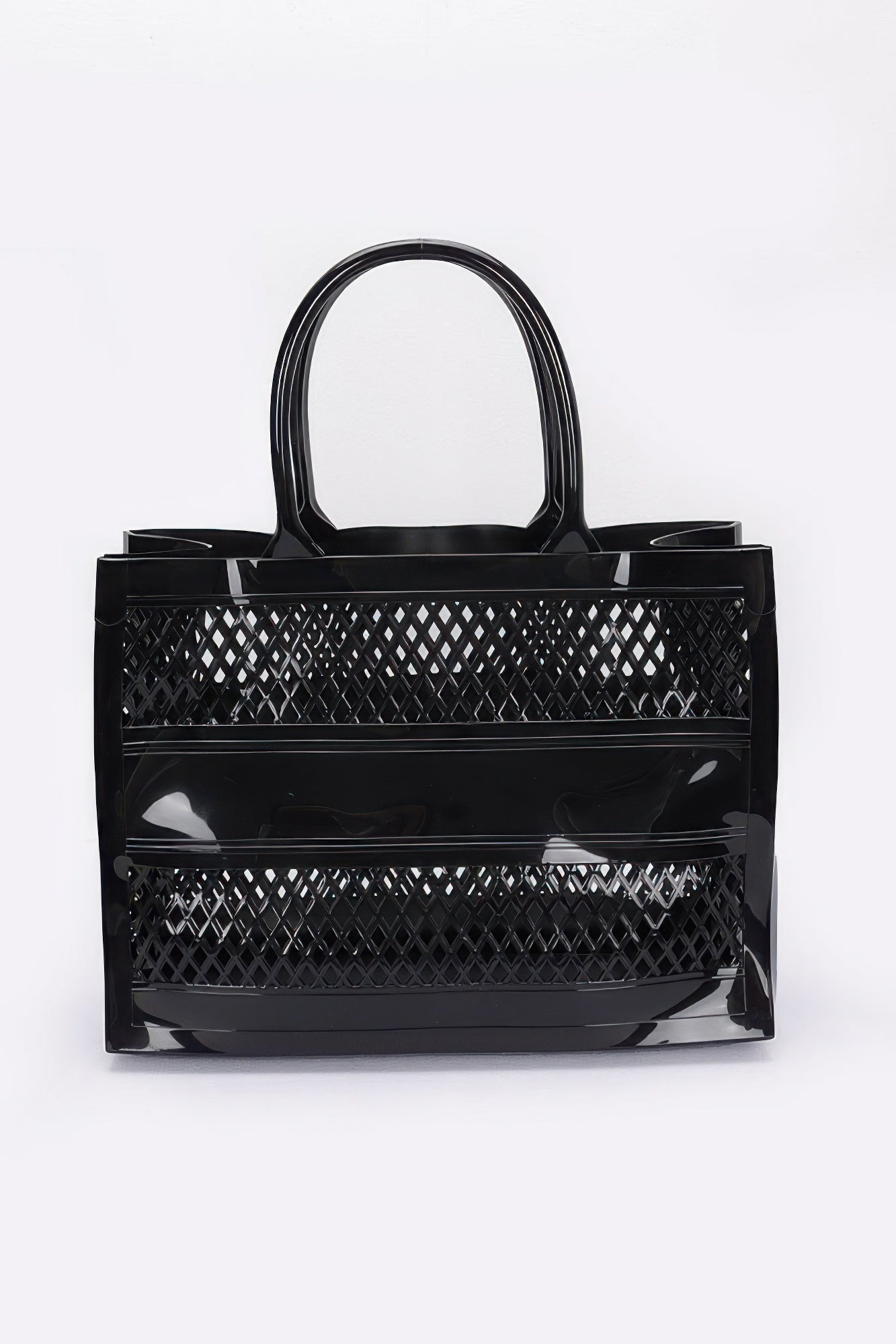Jelly Tote Bag in black with glossy finish and lattice side panels