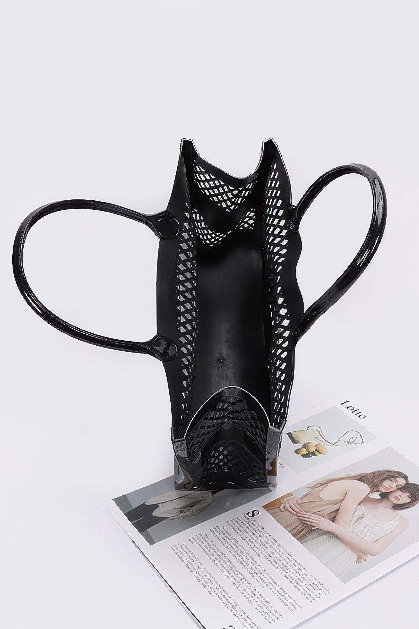 Black Jelly Tote Bag with open top and perforated lattice front