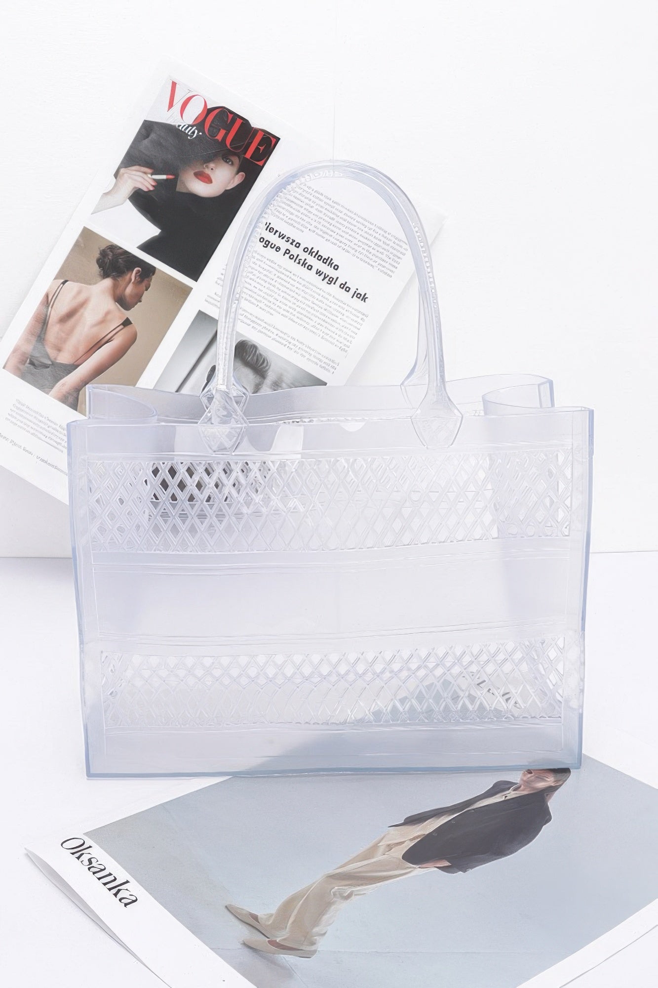 Clear Jelly Tote Bag with lattice texture and transparent long handles
