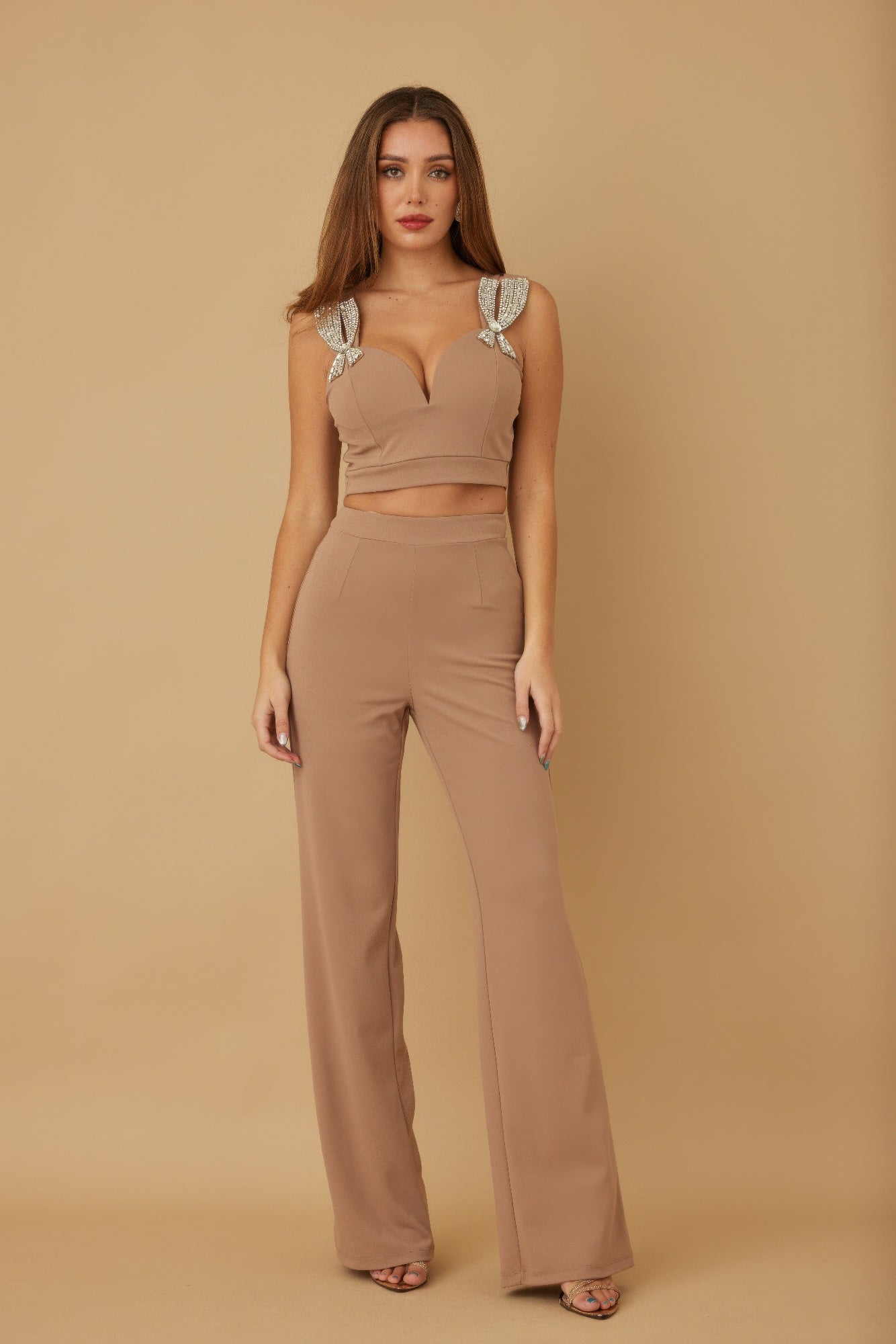 Jewel-beaded ribbon bow set: new mocha crop top and wide-leg pants with jeweled bows