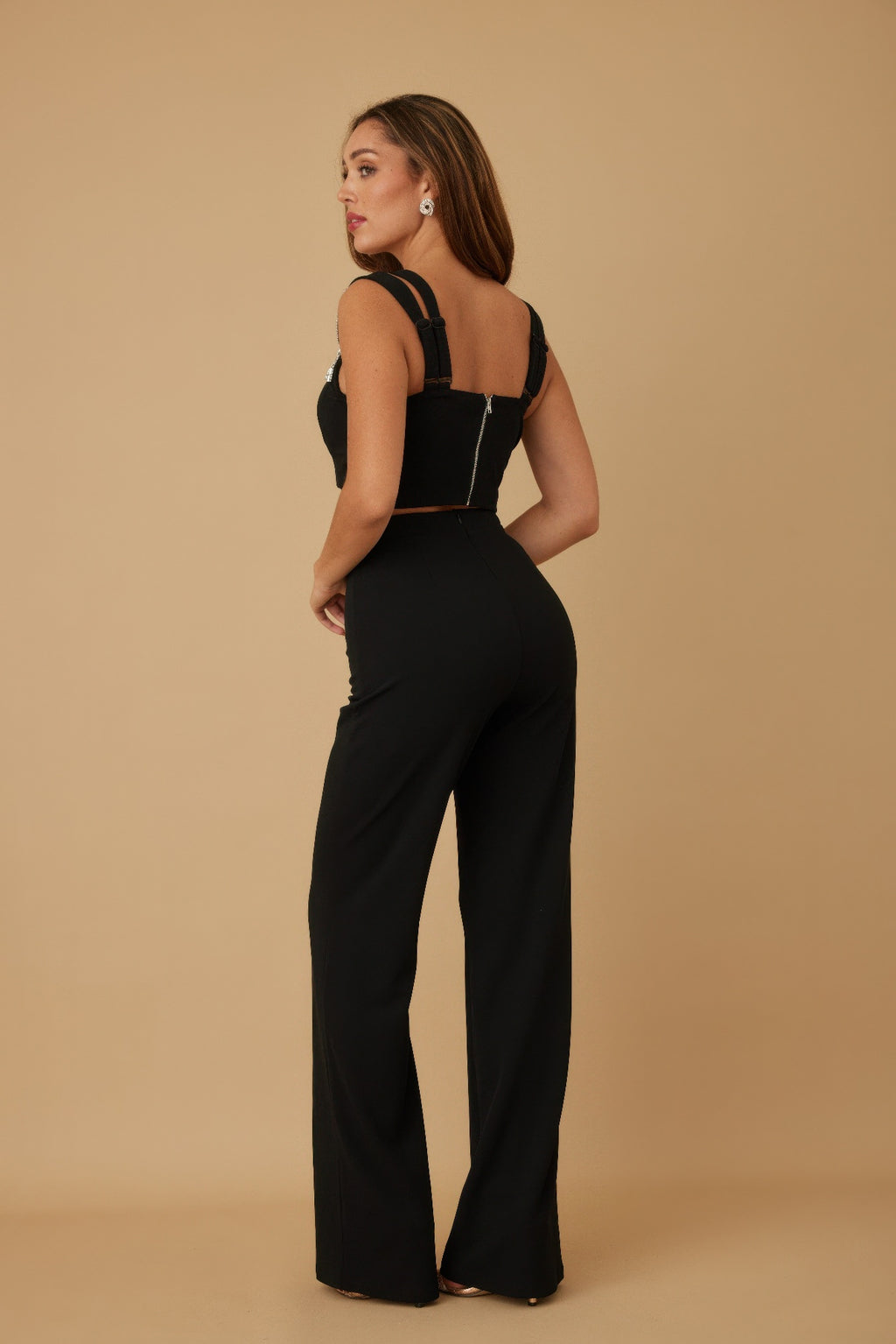 Black back view: crop top with ribbon bow straps and wide-leg pants