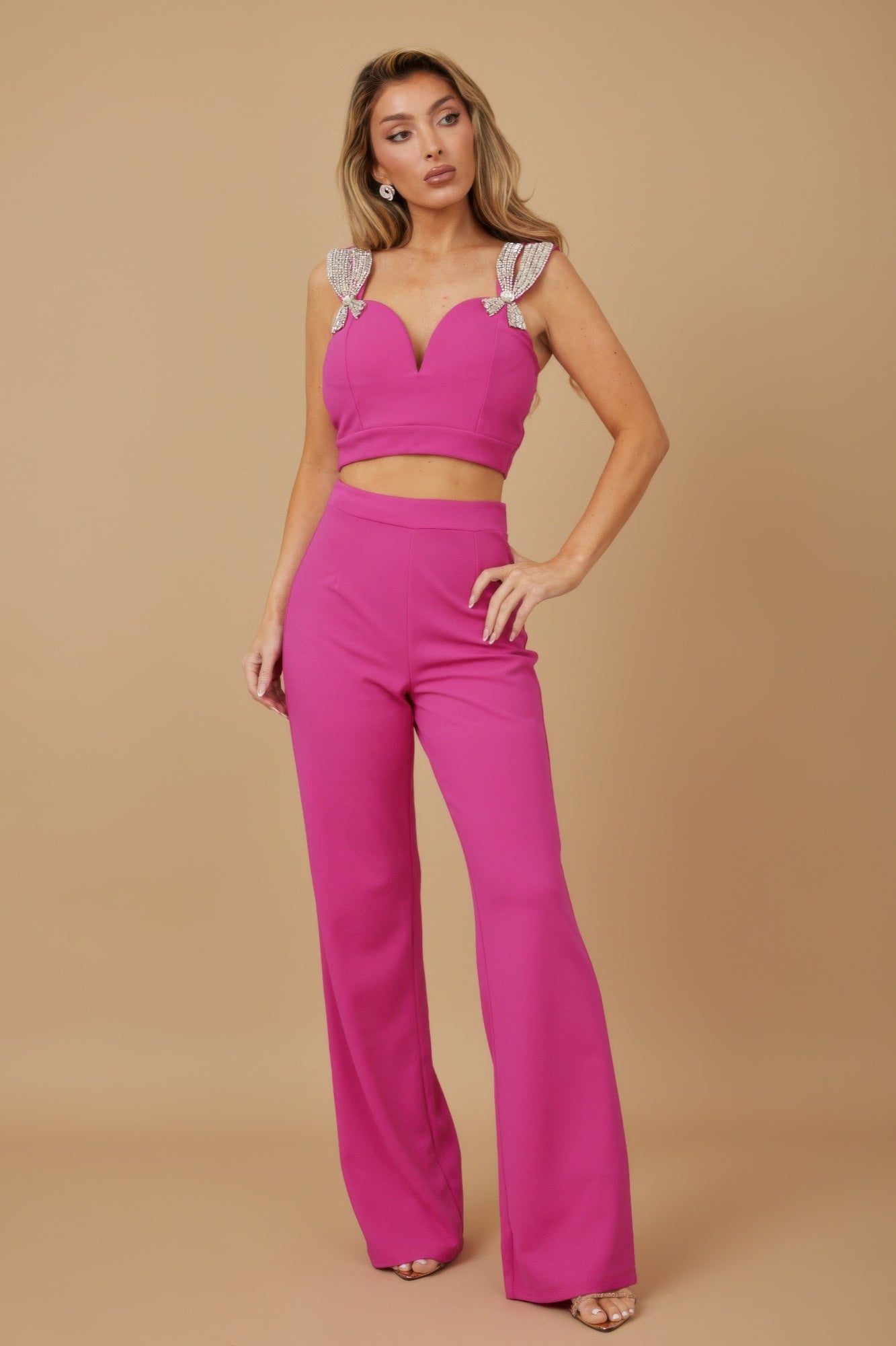 Fuchsia jeweled bow crop top set with wide-leg pants