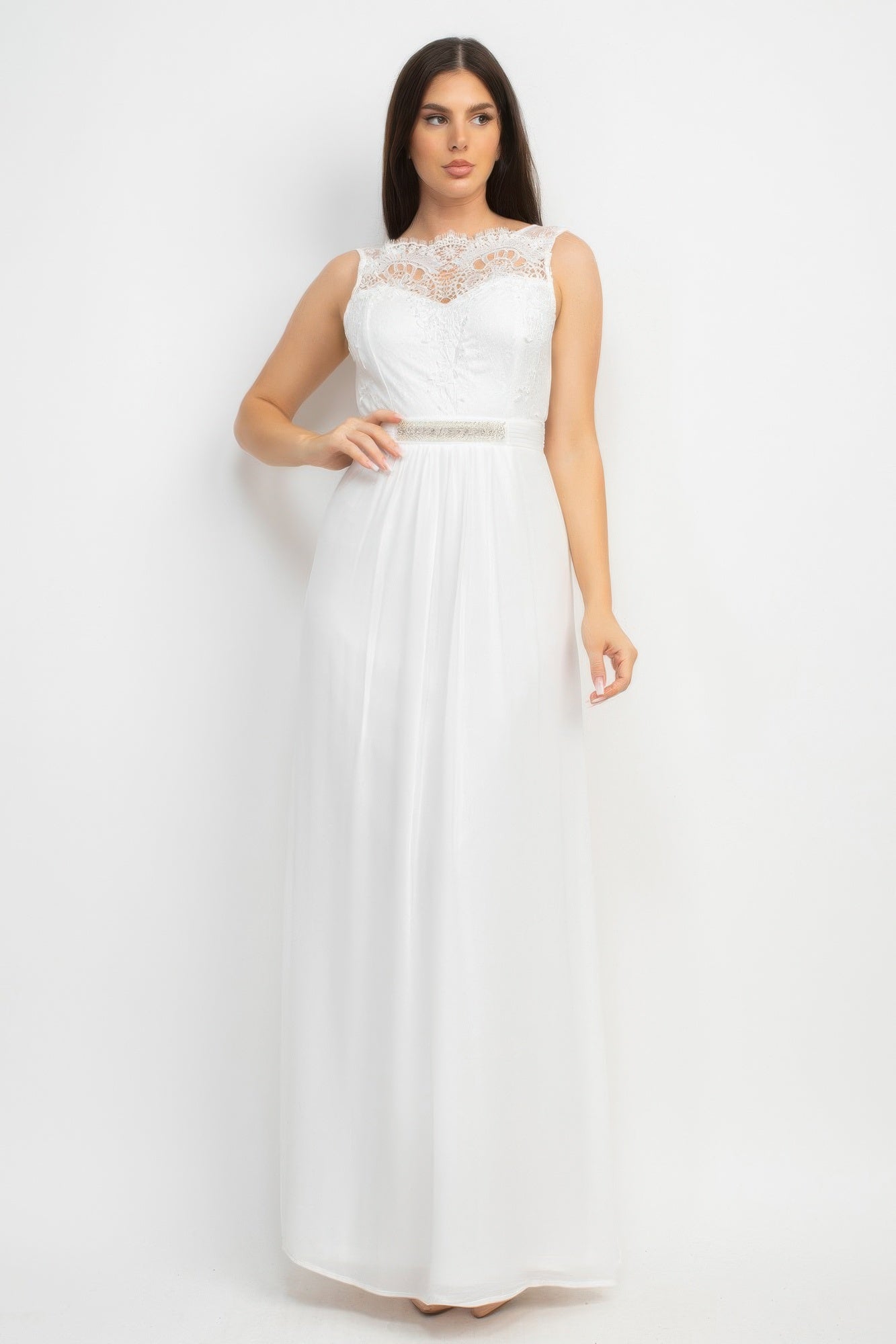 White lace maxi dress with jewel waist belt, sleeveless high neckline